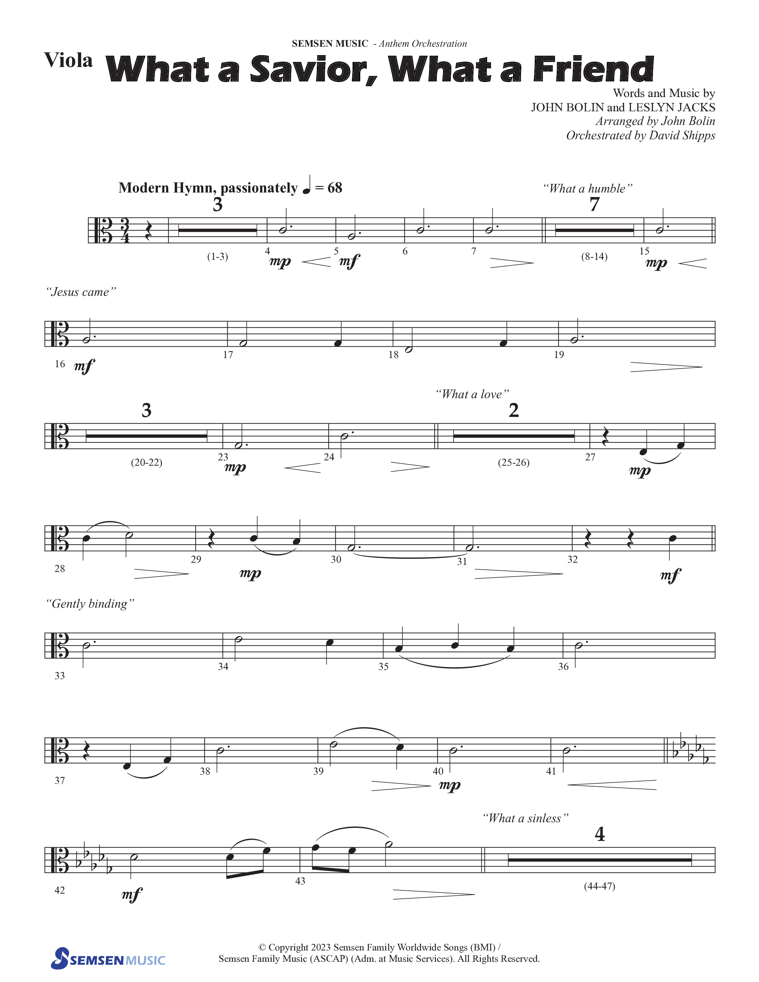 What A Savior What A Friend (Choral Anthem SATB) Viola (Semsen Music / Arr. John Bolin / Orch. David Shipps)