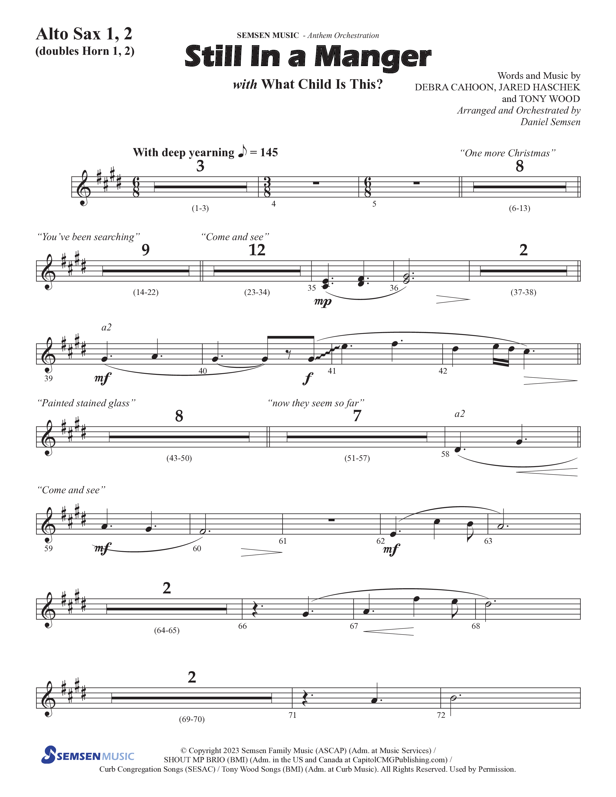 Still In A Manger with What Child Is This (Choral Anthem SATB) Alto Sax 1/2 (Semsen Music / Arr. Daniel Semsen)