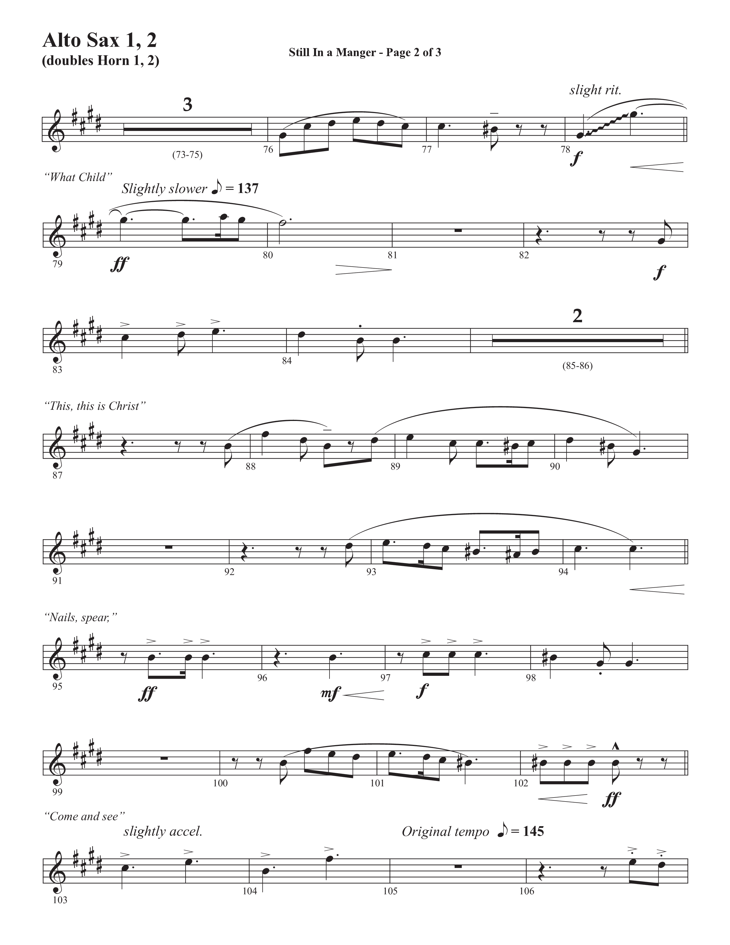 Still In A Manger with What Child Is This (Choral Anthem SATB) Alto Sax 1/2 (Semsen Music / Arr. Daniel Semsen)
