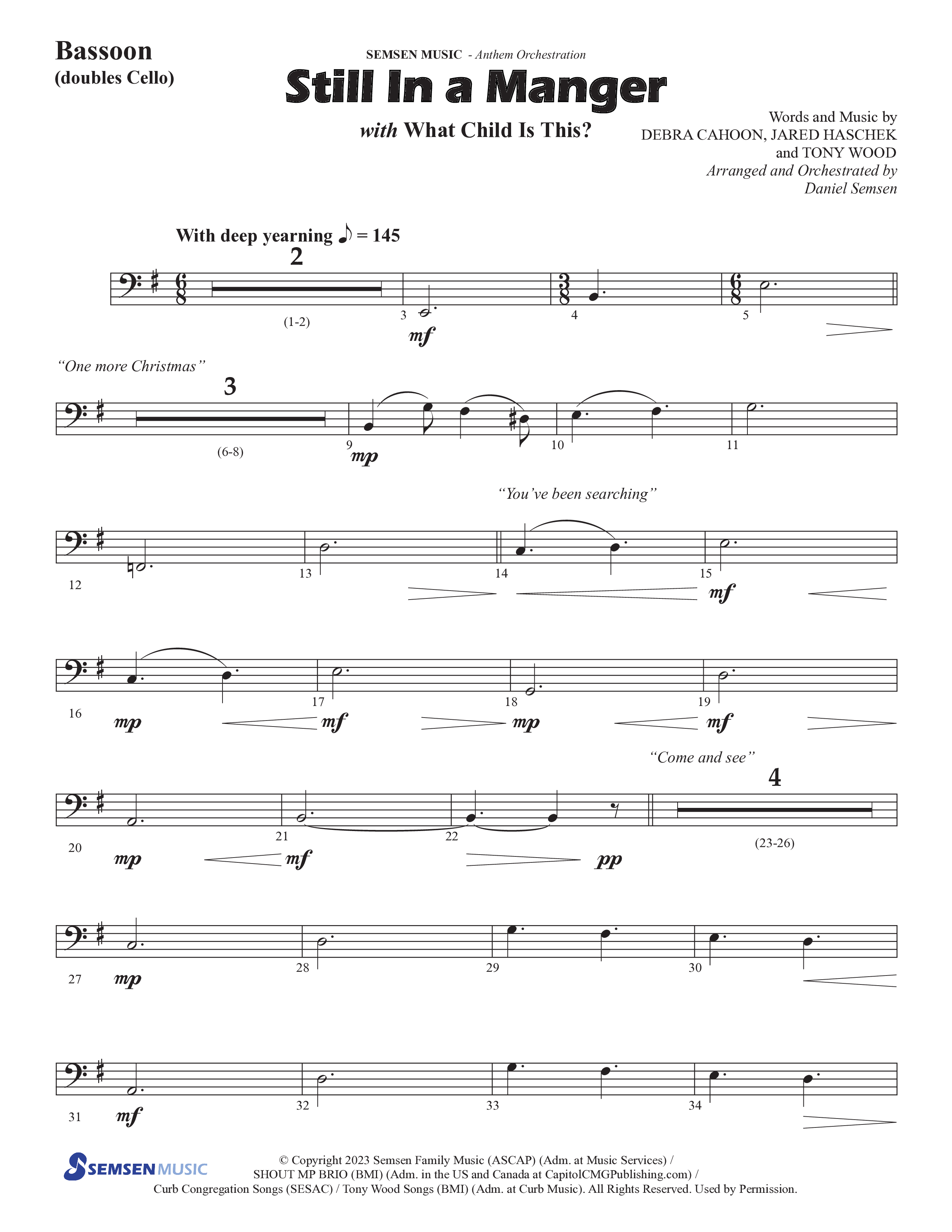 Still In A Manger with What Child Is This (Choral Anthem SATB) Bassoon (Semsen Music / Arr. Daniel Semsen)