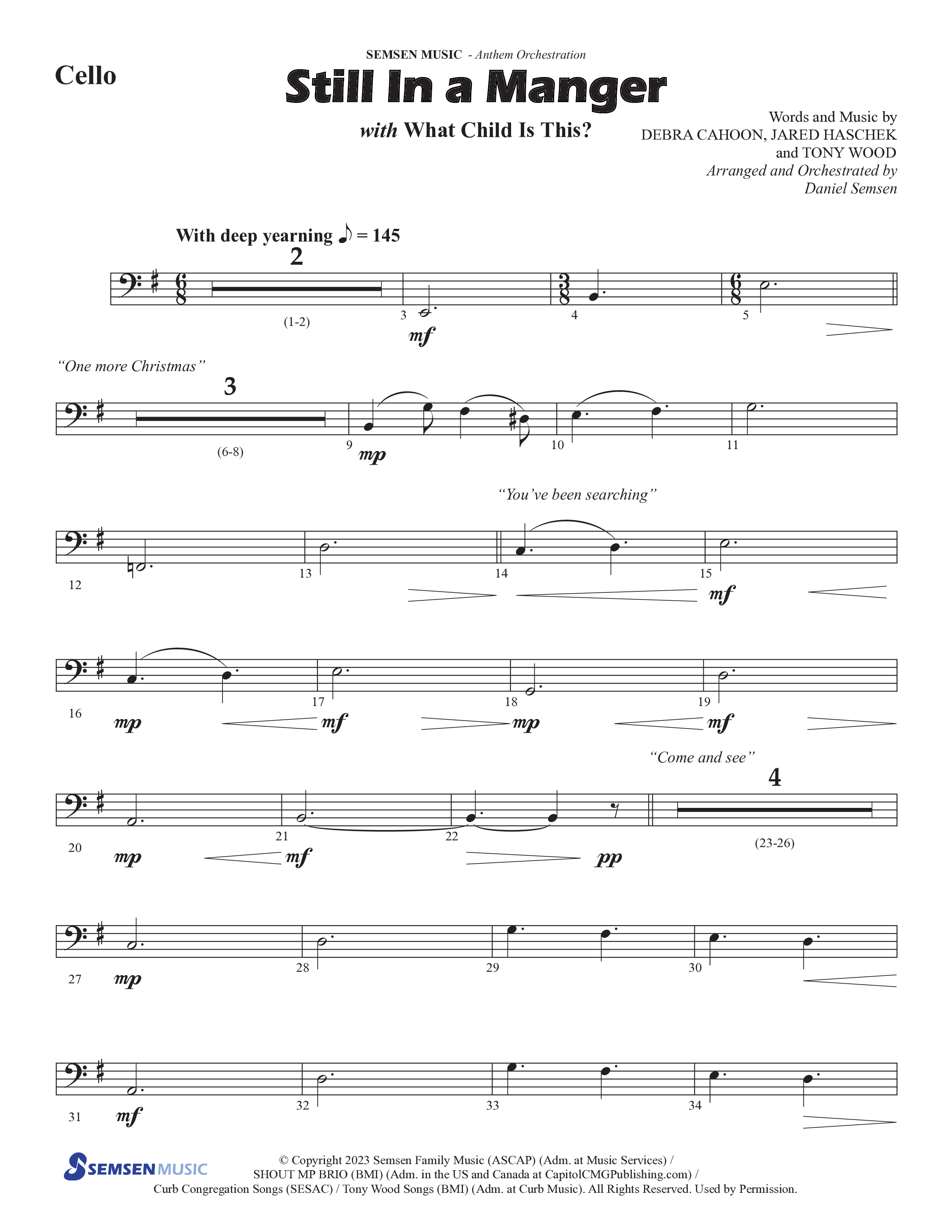 Still In A Manger with What Child Is This (Choral Anthem SATB) Cello (Semsen Music / Arr. Daniel Semsen)