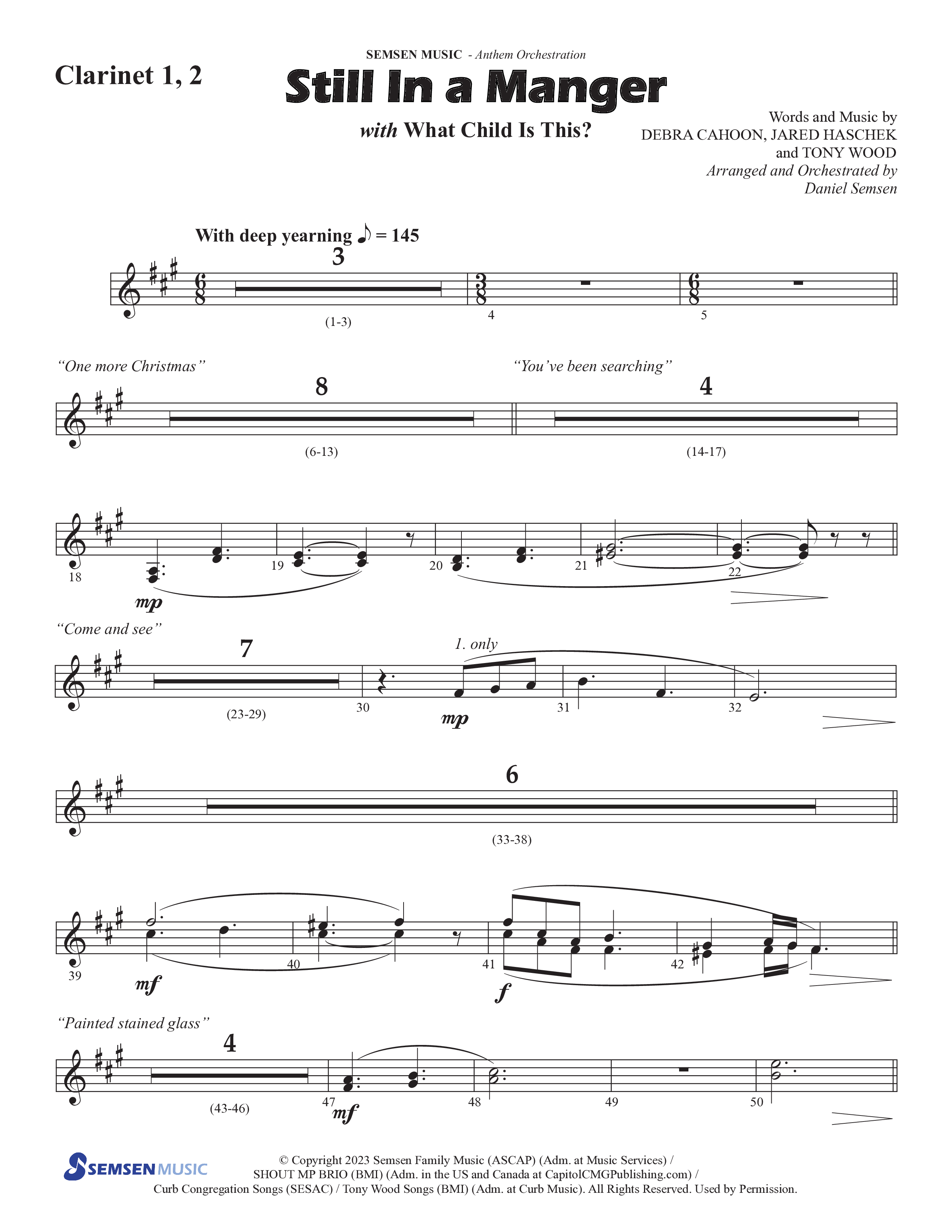 Still In A Manger with What Child Is This (Choral Anthem SATB) Clarinet 1/2 (Semsen Music / Arr. Daniel Semsen)