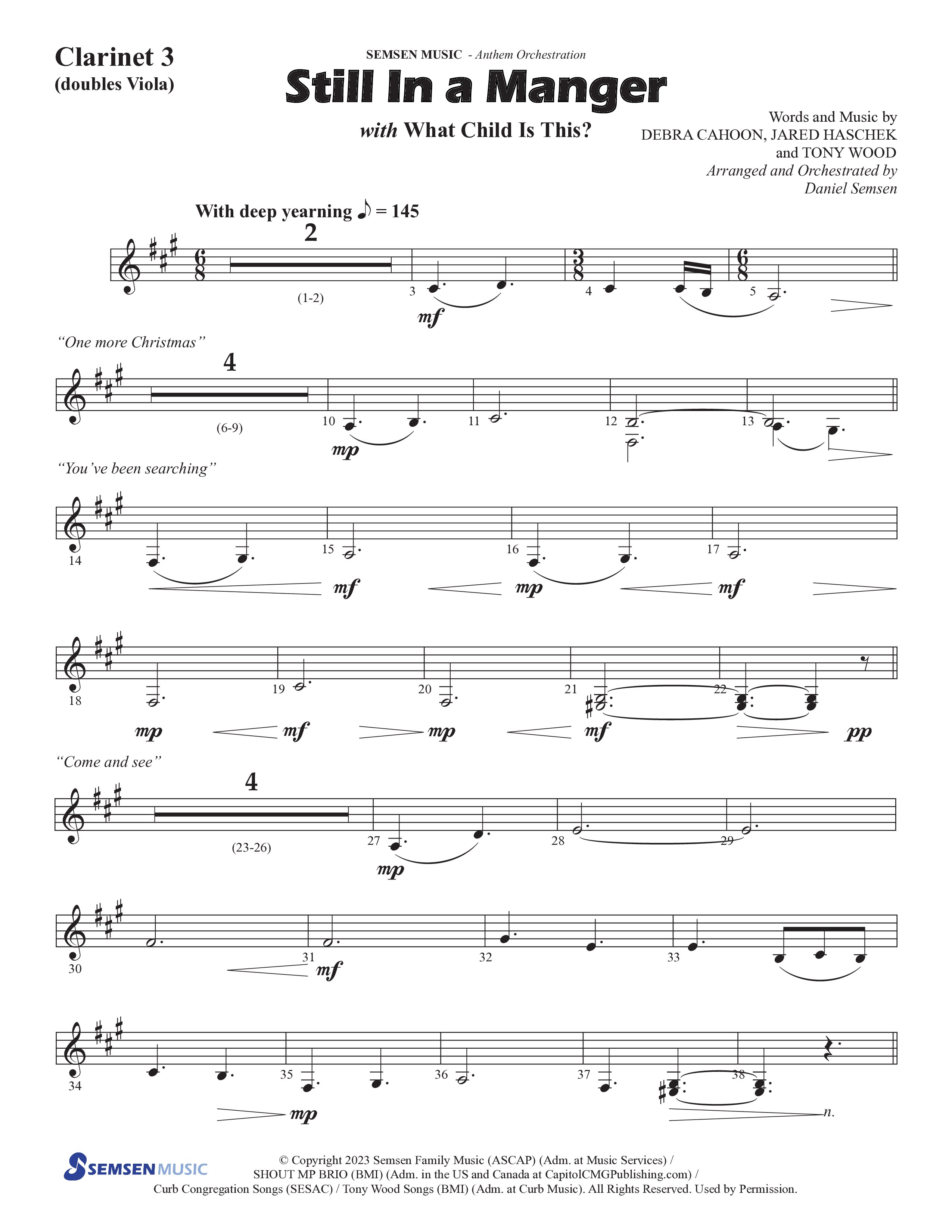 Still In A Manger with What Child Is This (Choral Anthem SATB) Clarinet 3 (Semsen Music / Arr. Daniel Semsen)