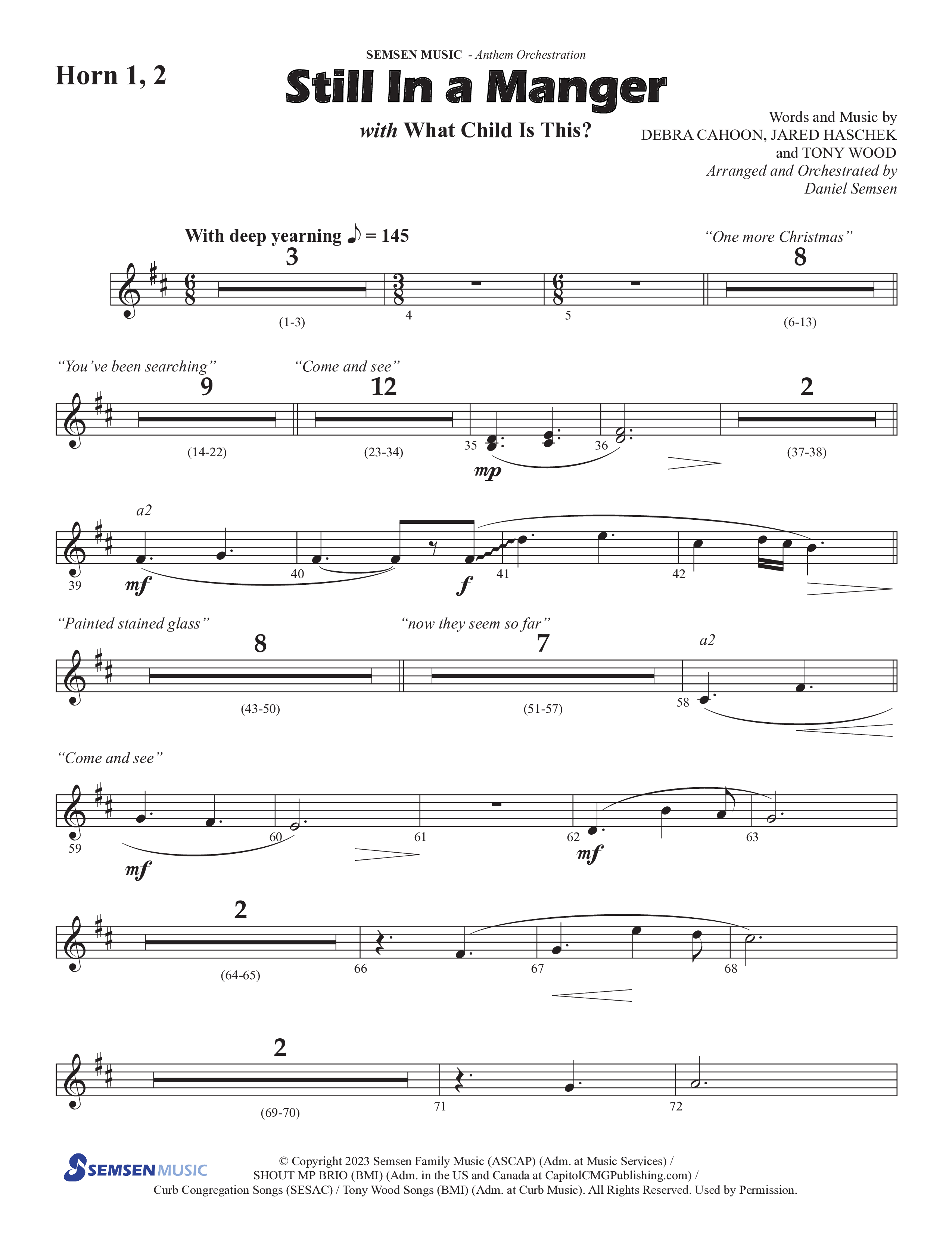 Still In A Manger with What Child Is This (Choral Anthem SATB) French Horn 1/2 (Semsen Music / Arr. Daniel Semsen)