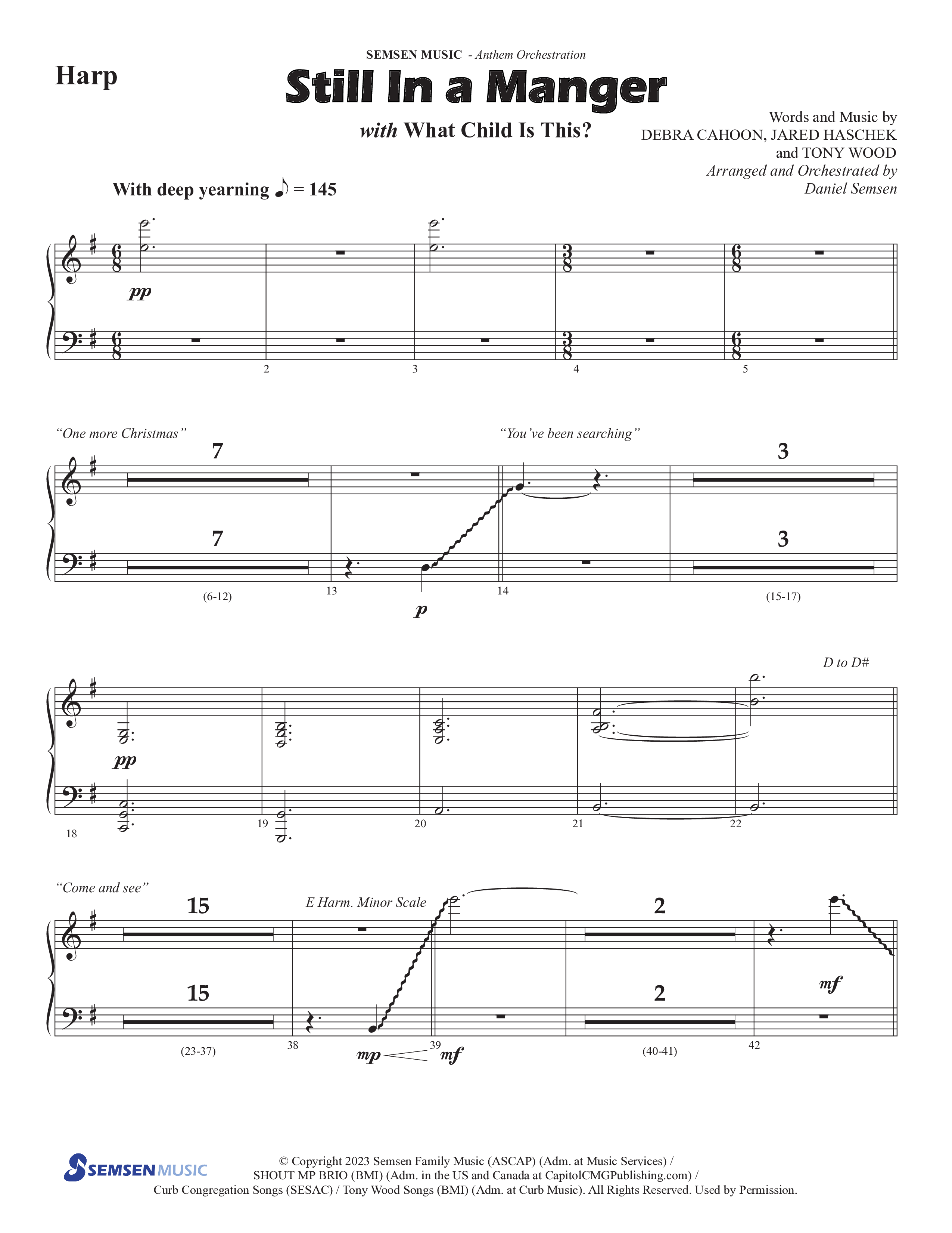 Still In A Manger with What Child Is This (Choral Anthem SATB) Harp (Semsen Music / Arr. Daniel Semsen)