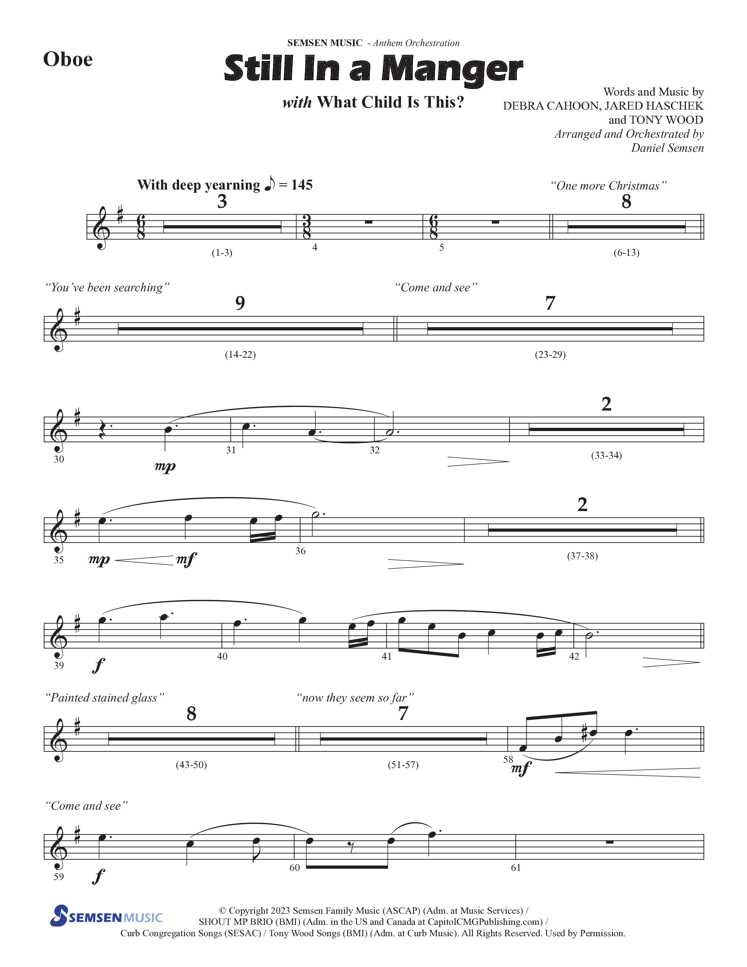 Still In A Manger with What Child Is This (Choral Anthem SATB) Oboe (Semsen Music / Arr. Daniel Semsen)