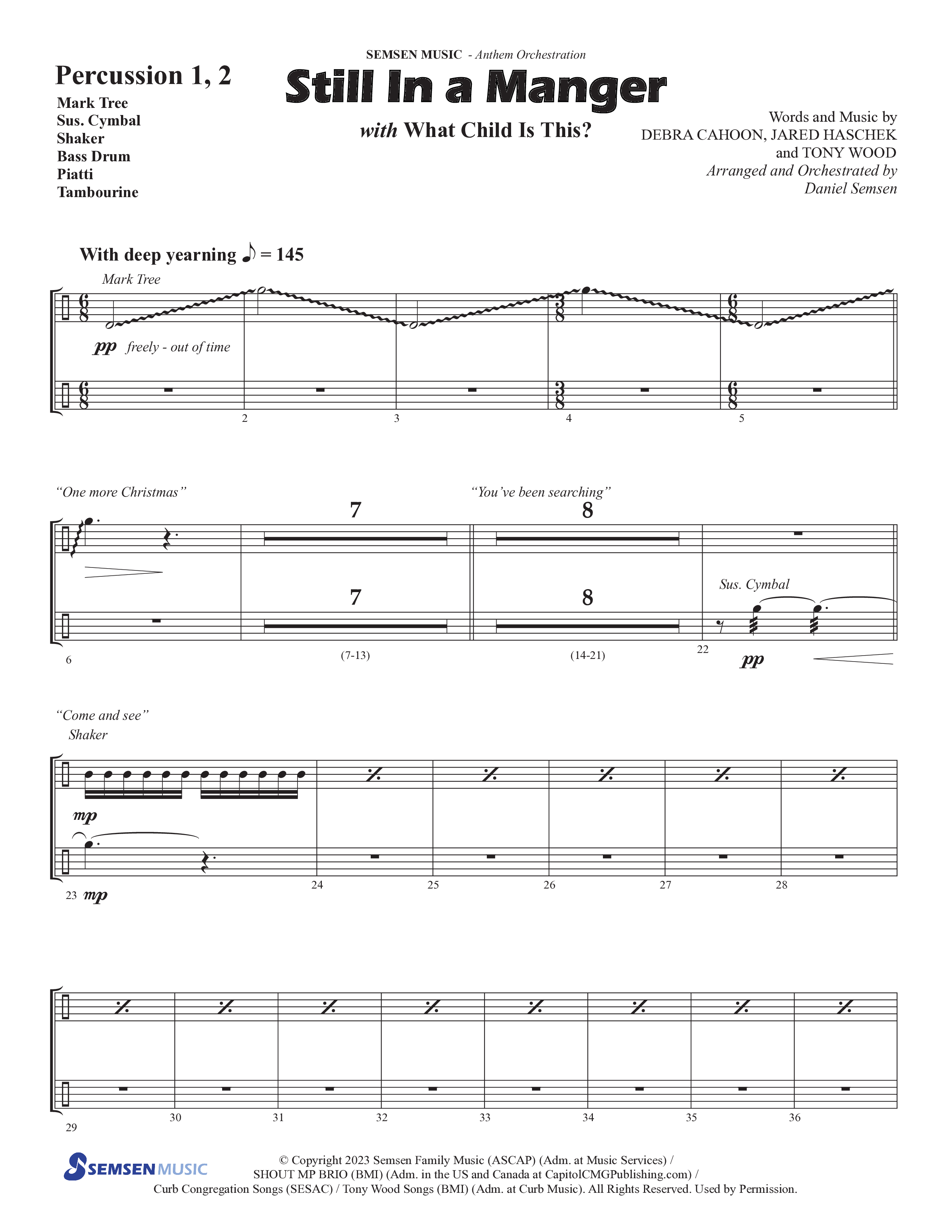 Still In A Manger with What Child Is This (Choral Anthem SATB) Percussion 1/2 (Semsen Music / Arr. Daniel Semsen)