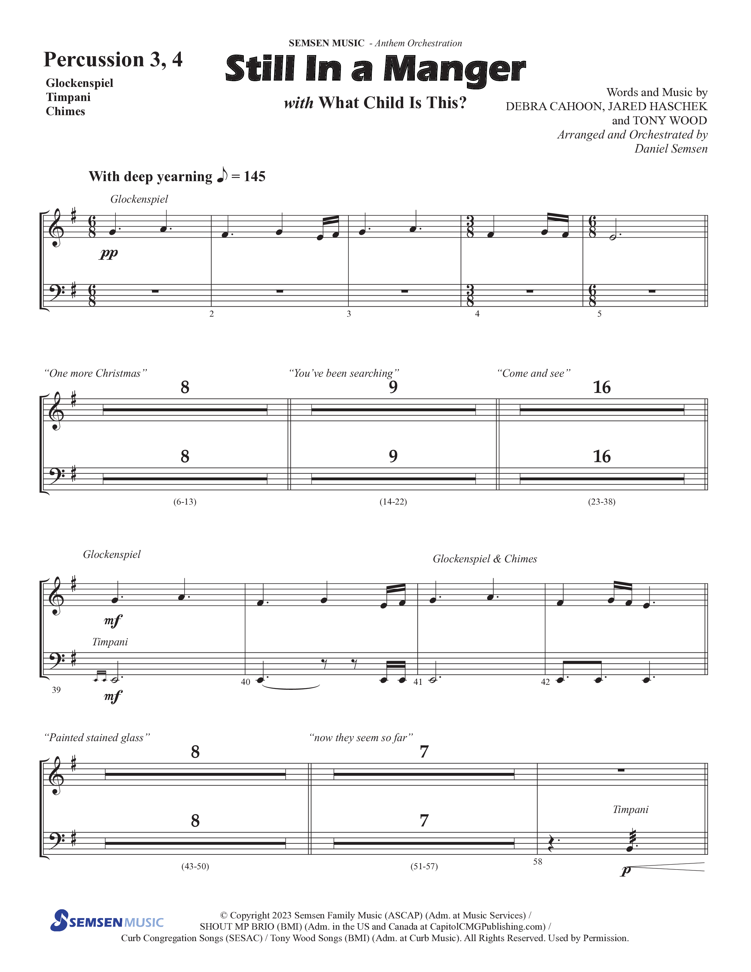 Still In A Manger with What Child Is This (Choral Anthem SATB) Percussion (Semsen Music / Arr. Daniel Semsen)