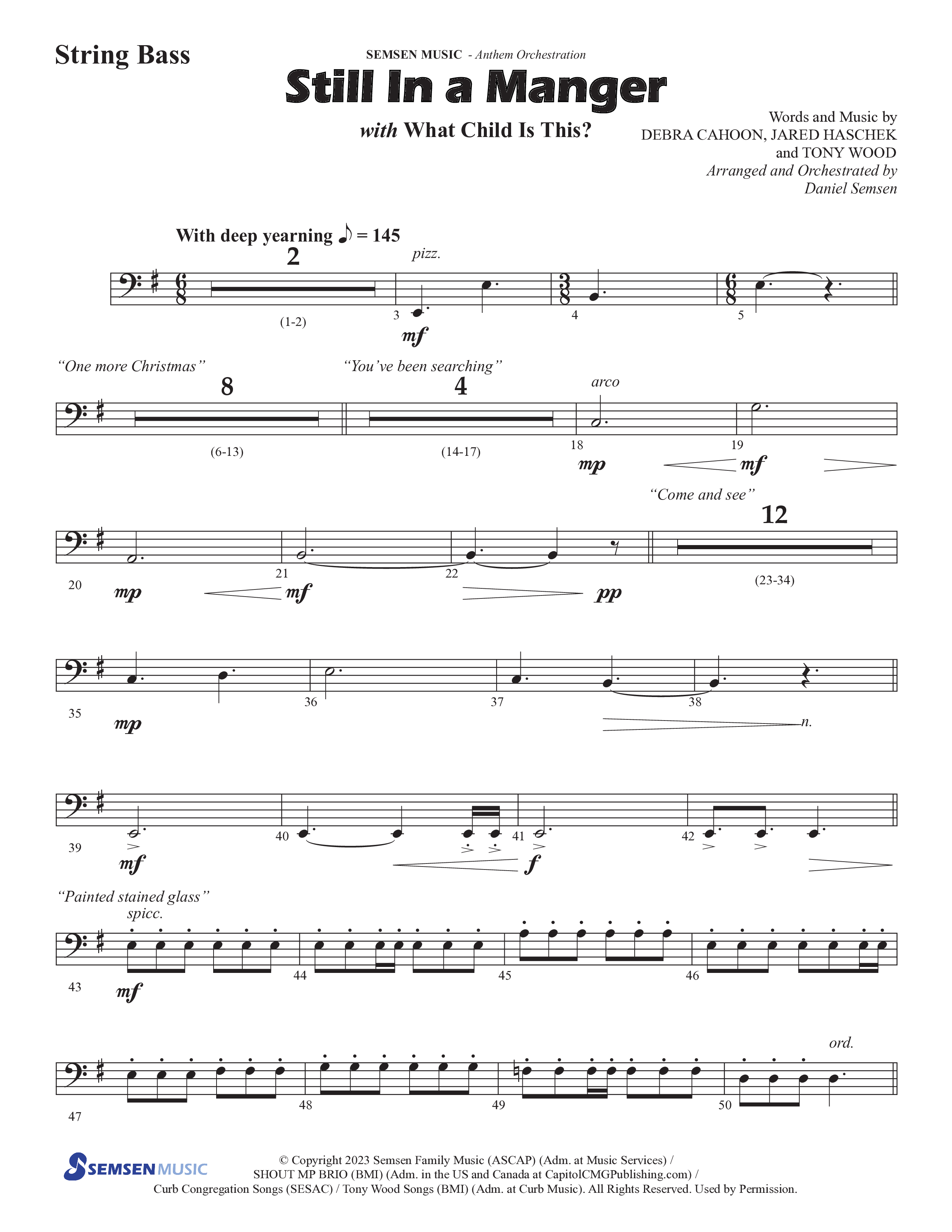 Still In A Manger with What Child Is This (Choral Anthem SATB) String Bass (Semsen Music / Arr. Daniel Semsen)