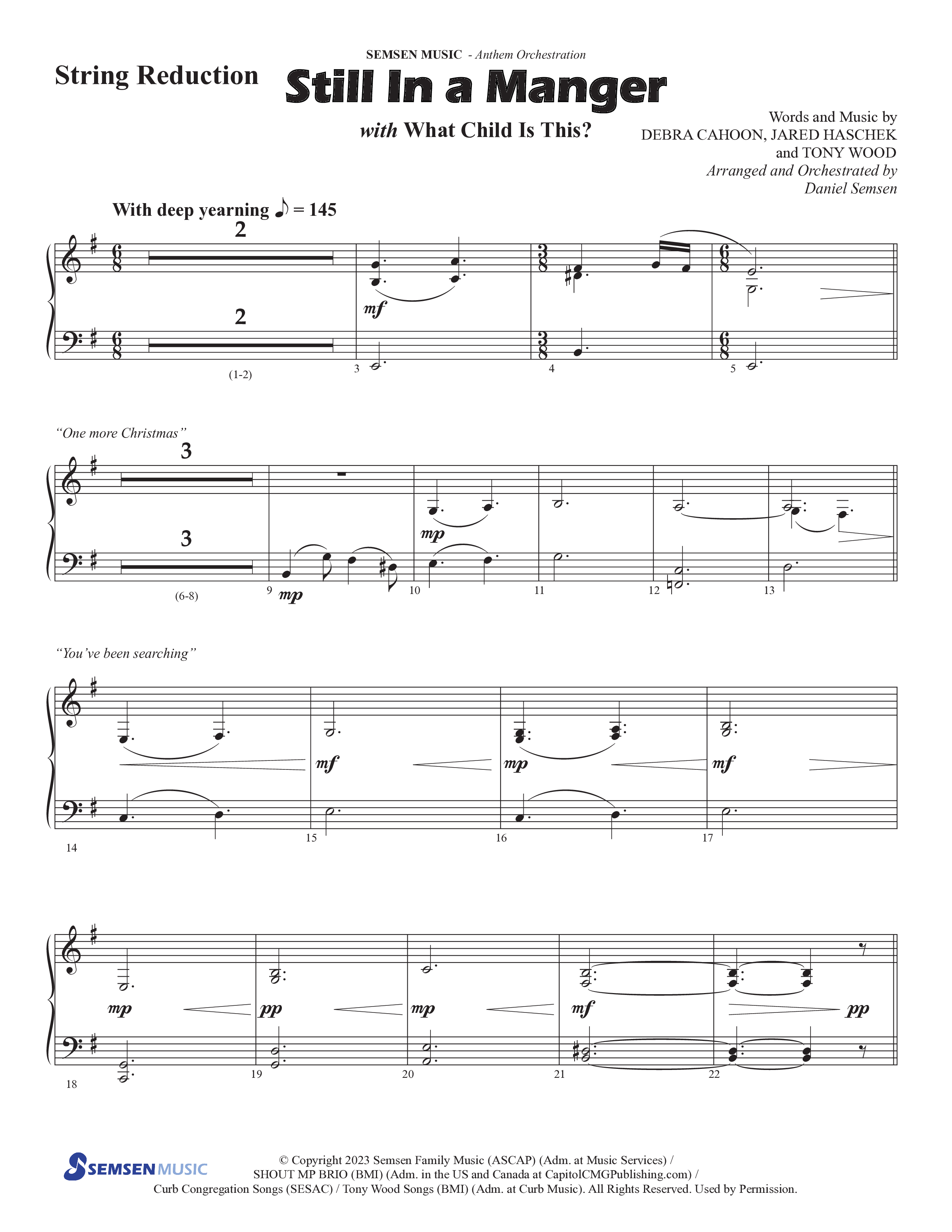Still In A Manger with What Child Is This (Choral Anthem SATB) String Reduction (Semsen Music / Arr. Daniel Semsen)