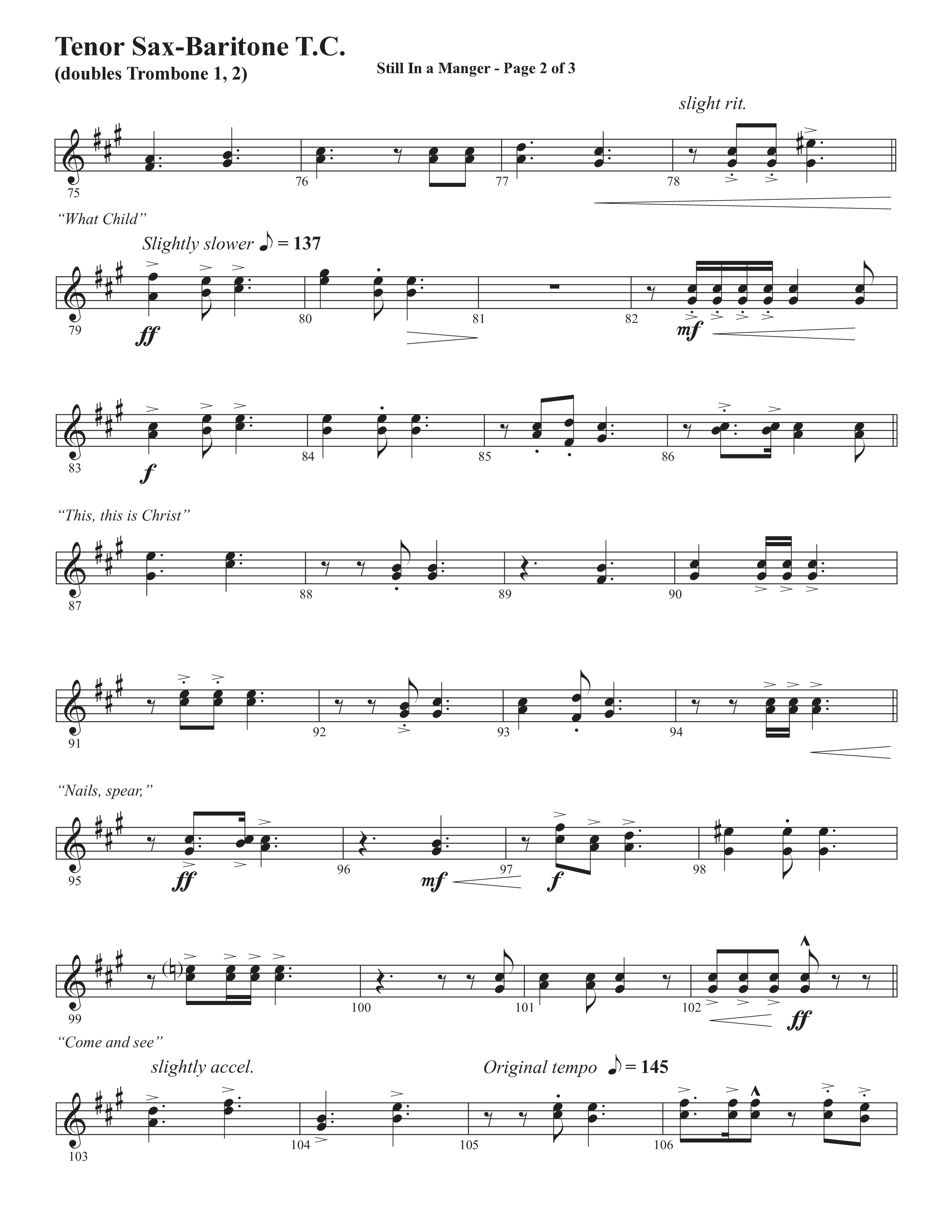 Still In A Manger with What Child Is This (Choral Anthem SATB) Tenor Sax/Baritone T.C. (Semsen Music / Arr. Daniel Semsen)