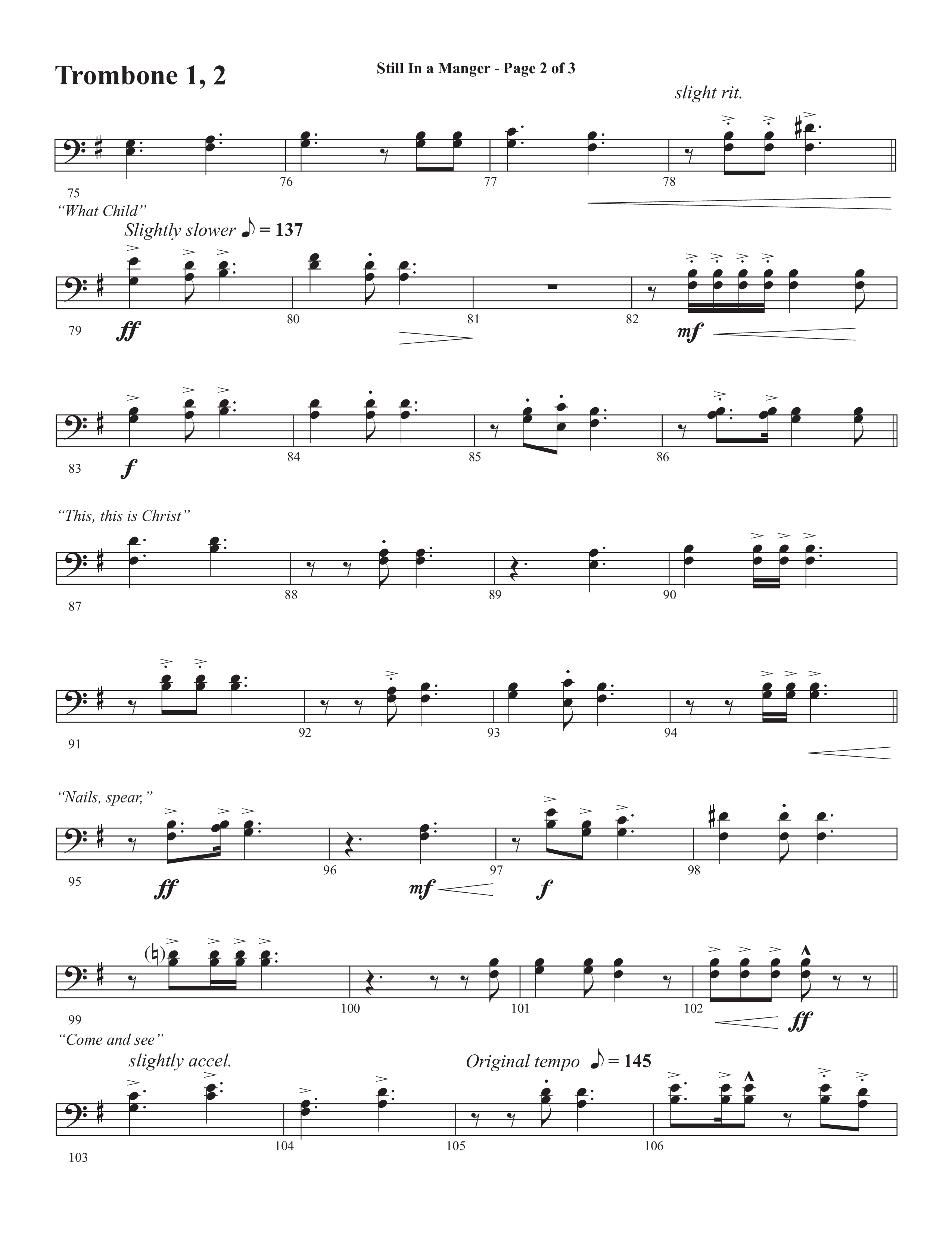 Still In A Manger with What Child Is This (Choral Anthem SATB) Trombone 1/2 (Semsen Music / Arr. Daniel Semsen)