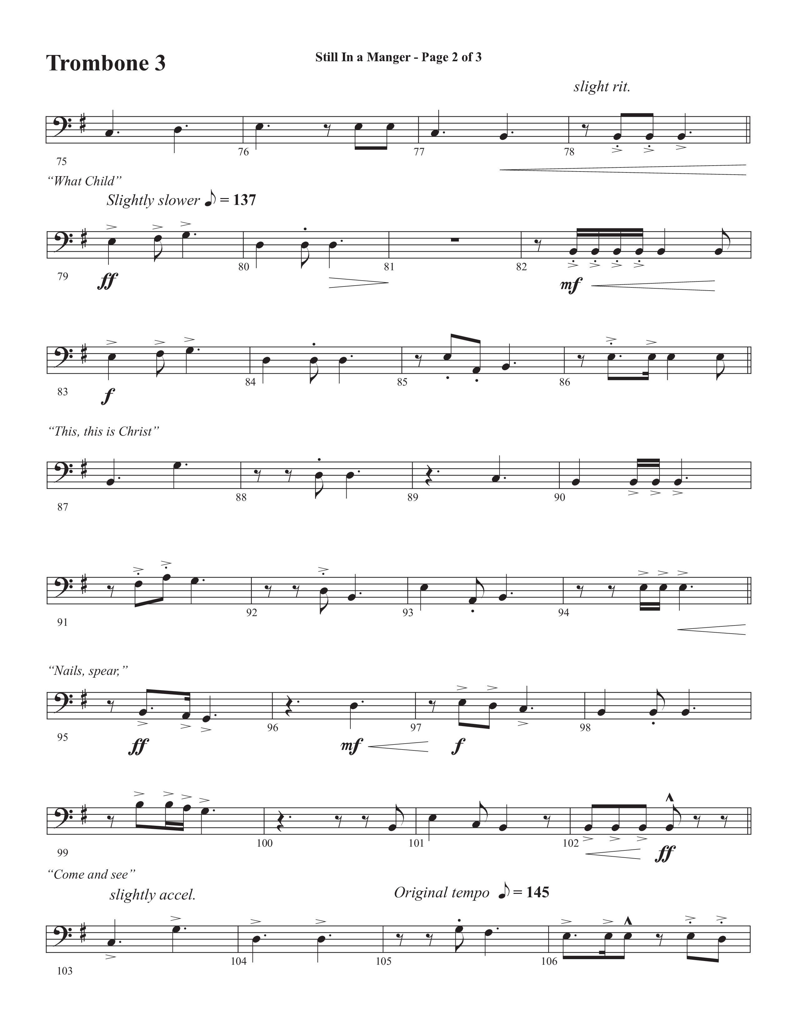 Still In A Manger with What Child Is This (Choral Anthem SATB) Trombone 3 (Semsen Music / Arr. Daniel Semsen)