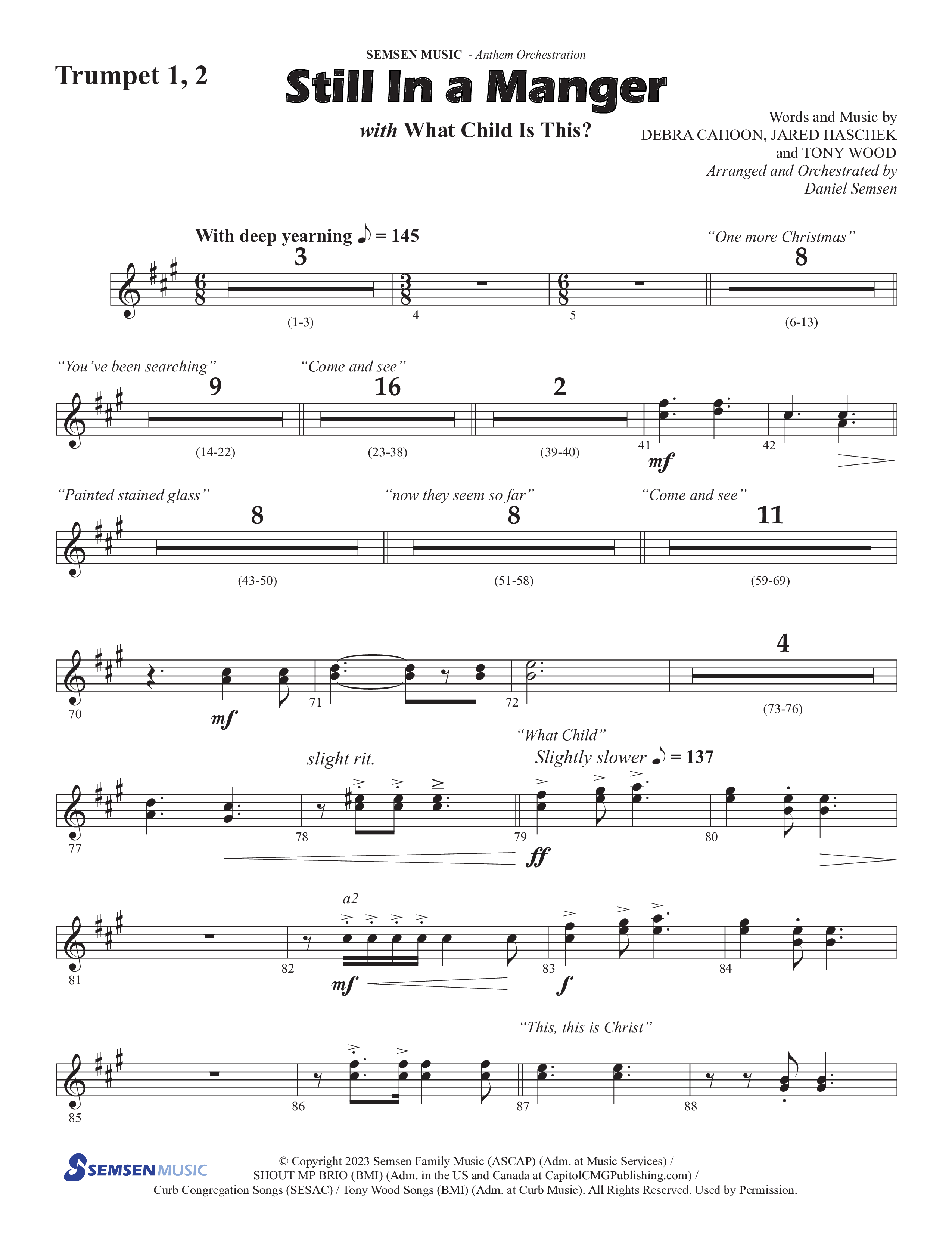 Still In A Manger with What Child Is This (Choral Anthem SATB) Trumpet 1,2 (Semsen Music / Arr. Daniel Semsen)
