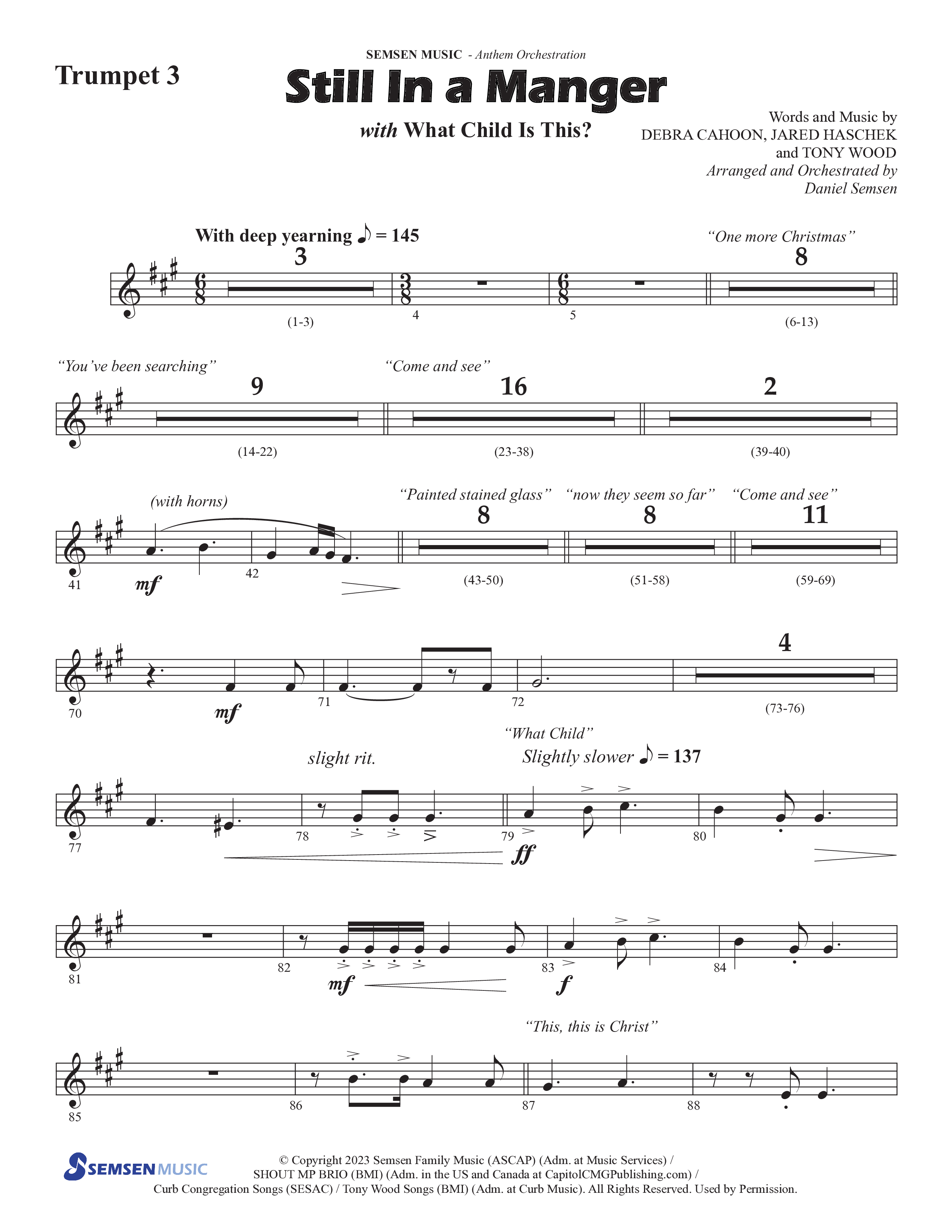 Still In A Manger with What Child Is This (Choral Anthem SATB) Trumpet 3 (Semsen Music / Arr. Daniel Semsen)