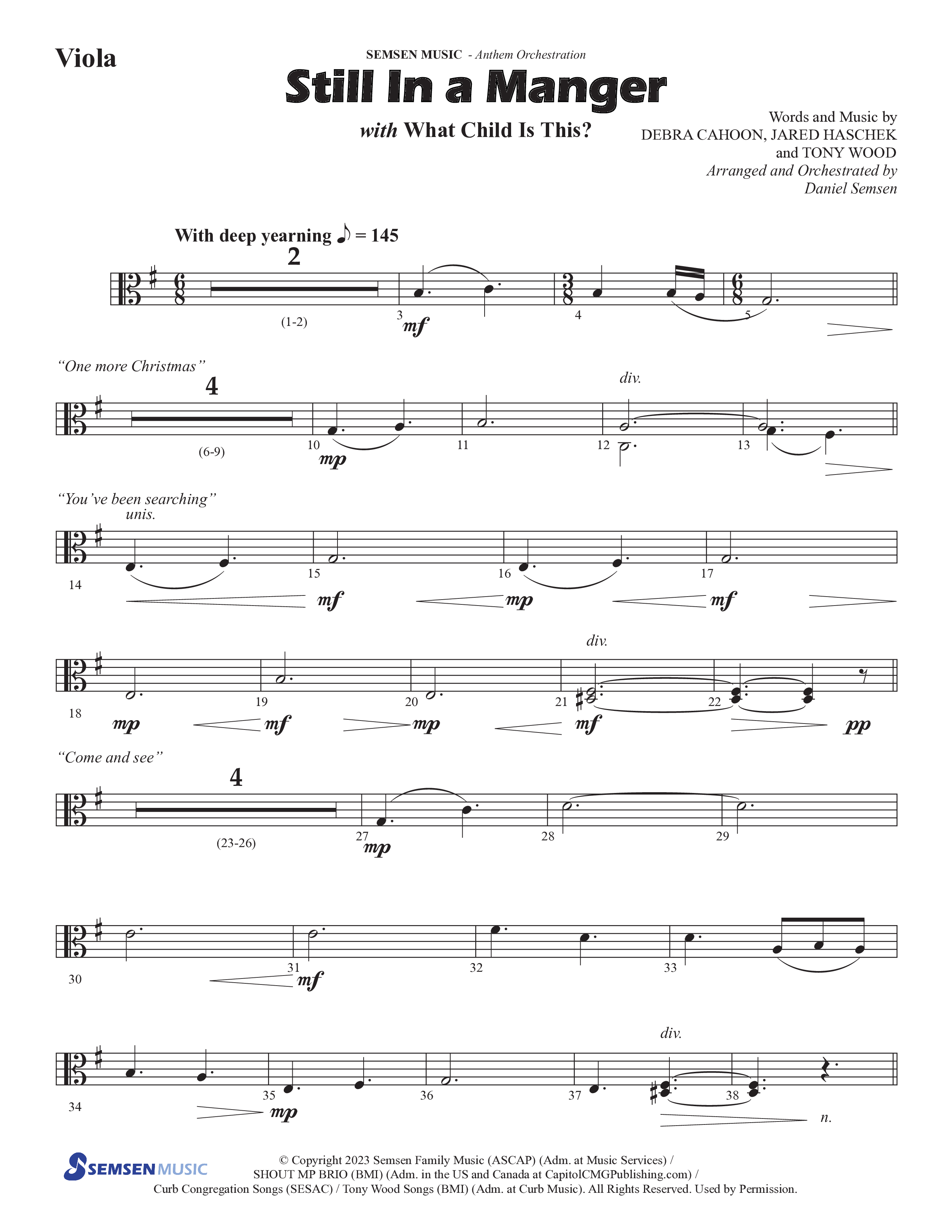 Still In A Manger with What Child Is This (Choral Anthem SATB) Viola (Semsen Music / Arr. Daniel Semsen)