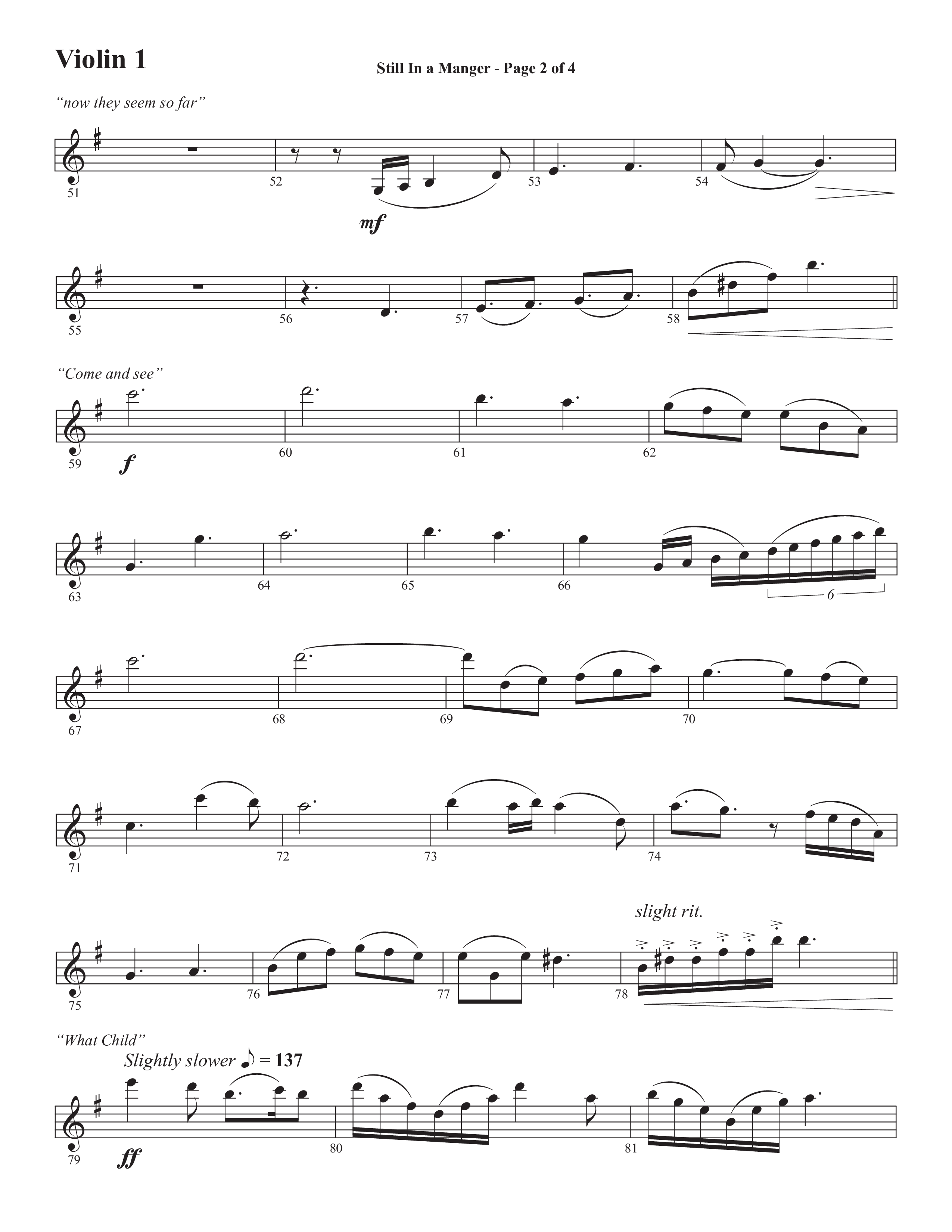 Still In A Manger with What Child Is This (Choral Anthem SATB) Violin 1 (Semsen Music / Arr. Daniel Semsen)