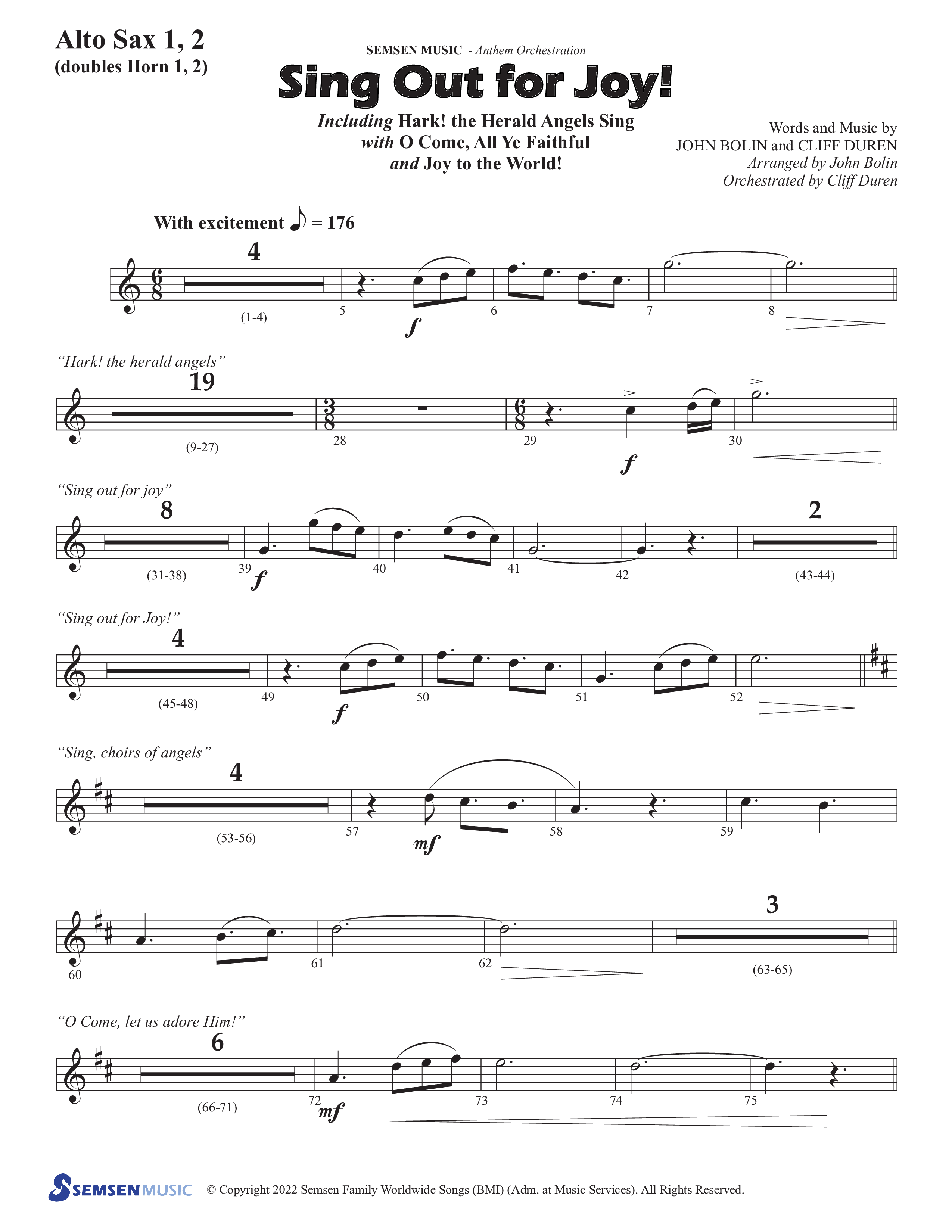 Sing Out For Joy (Choral Anthem SATB) Alto Sax 1/2 (Semsen Music / Arr. John Bolin / Orch. Cliff Duren)