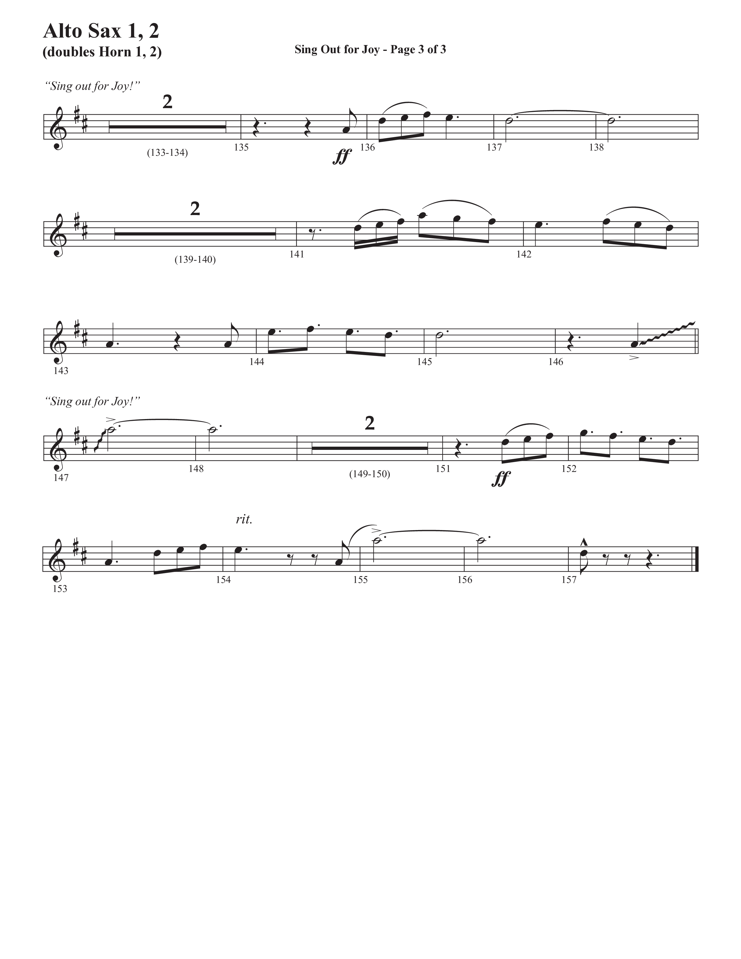 Sing Out For Joy (Choral Anthem SATB) Alto Sax 1/2 (Semsen Music / Arr. John Bolin / Orch. Cliff Duren)
