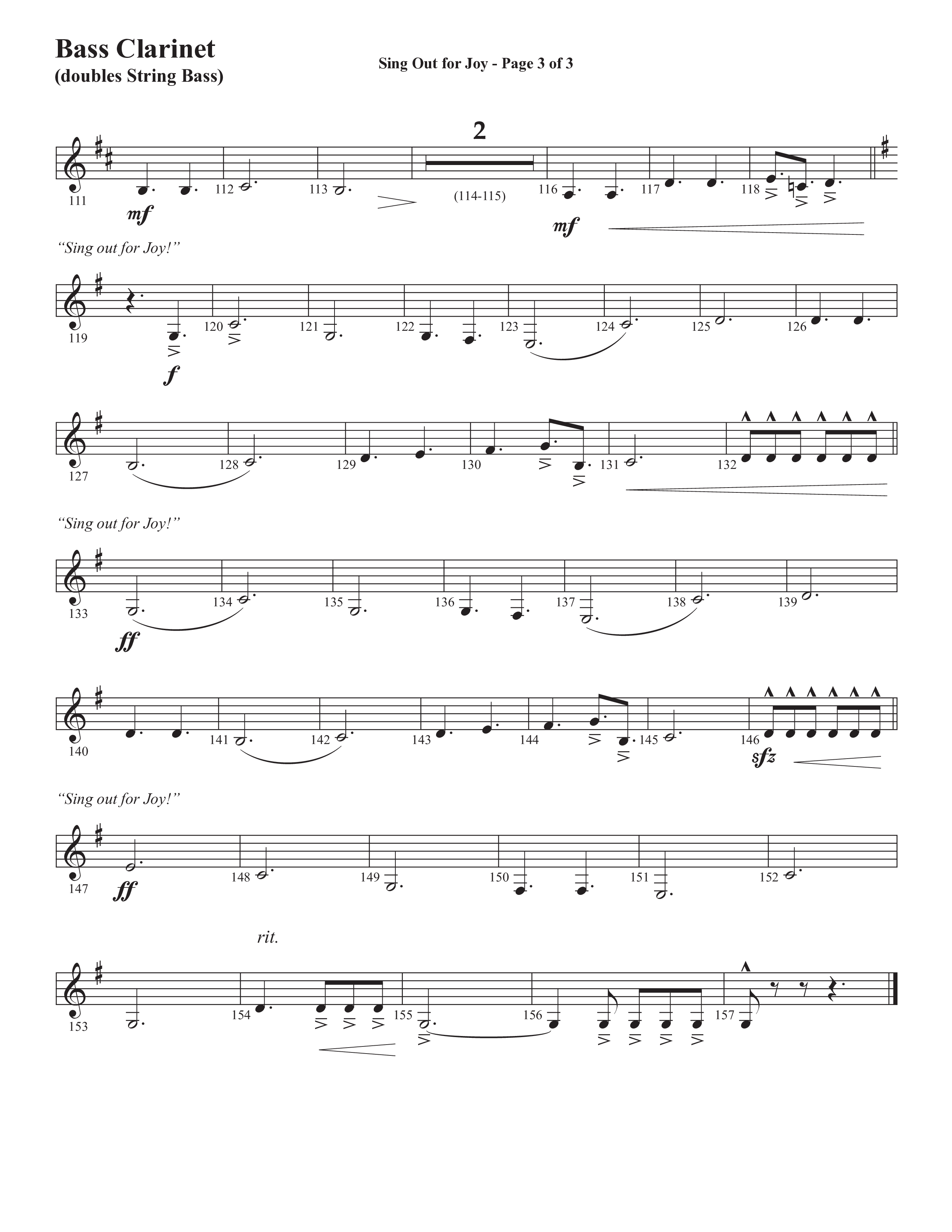 Sing Out For Joy (Choral Anthem SATB) Bass Clarinet (Semsen Music / Arr. John Bolin / Orch. Cliff Duren)