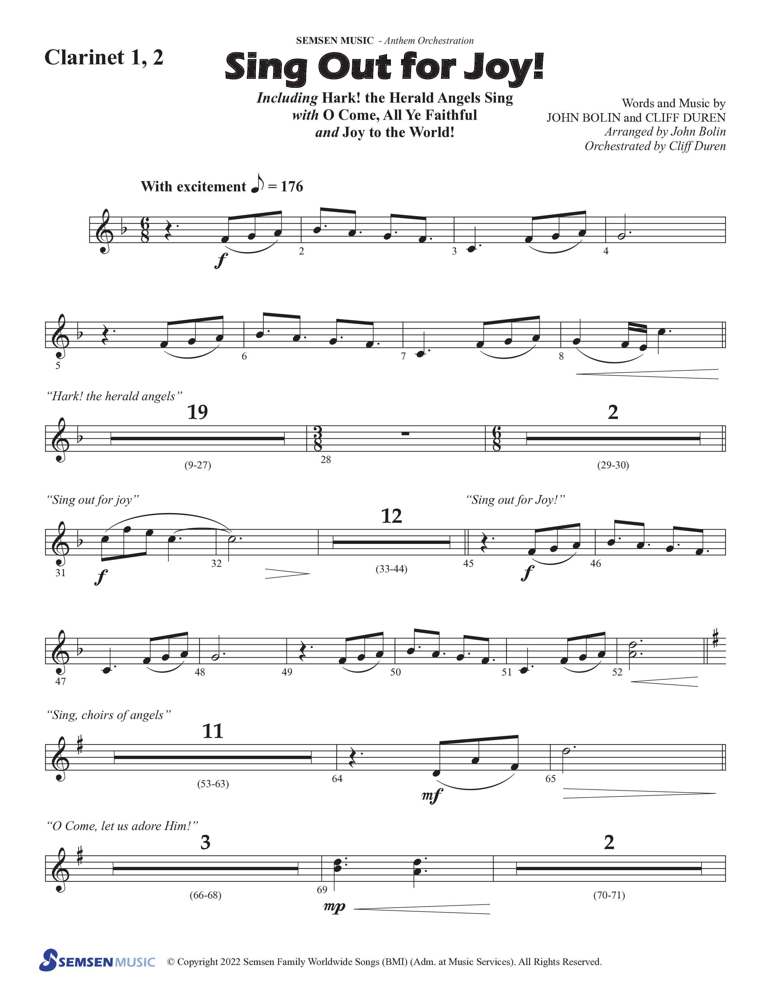 Sing Out For Joy (Choral Anthem SATB) Clarinet 1/2 (Semsen Music / Arr. John Bolin / Orch. Cliff Duren)