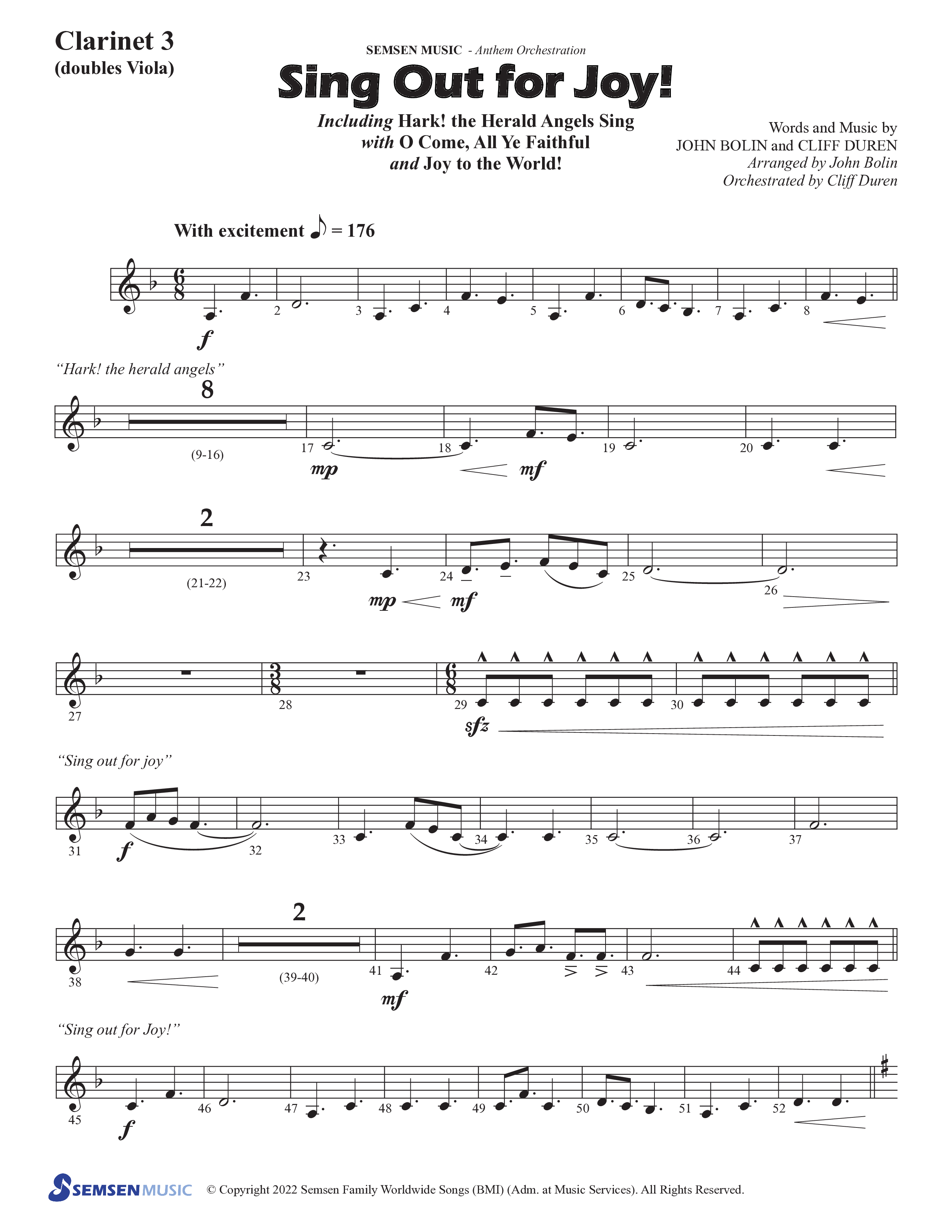 Sing Out For Joy (Choral Anthem SATB) Clarinet 3 (Semsen Music / Arr. John Bolin / Orch. Cliff Duren)