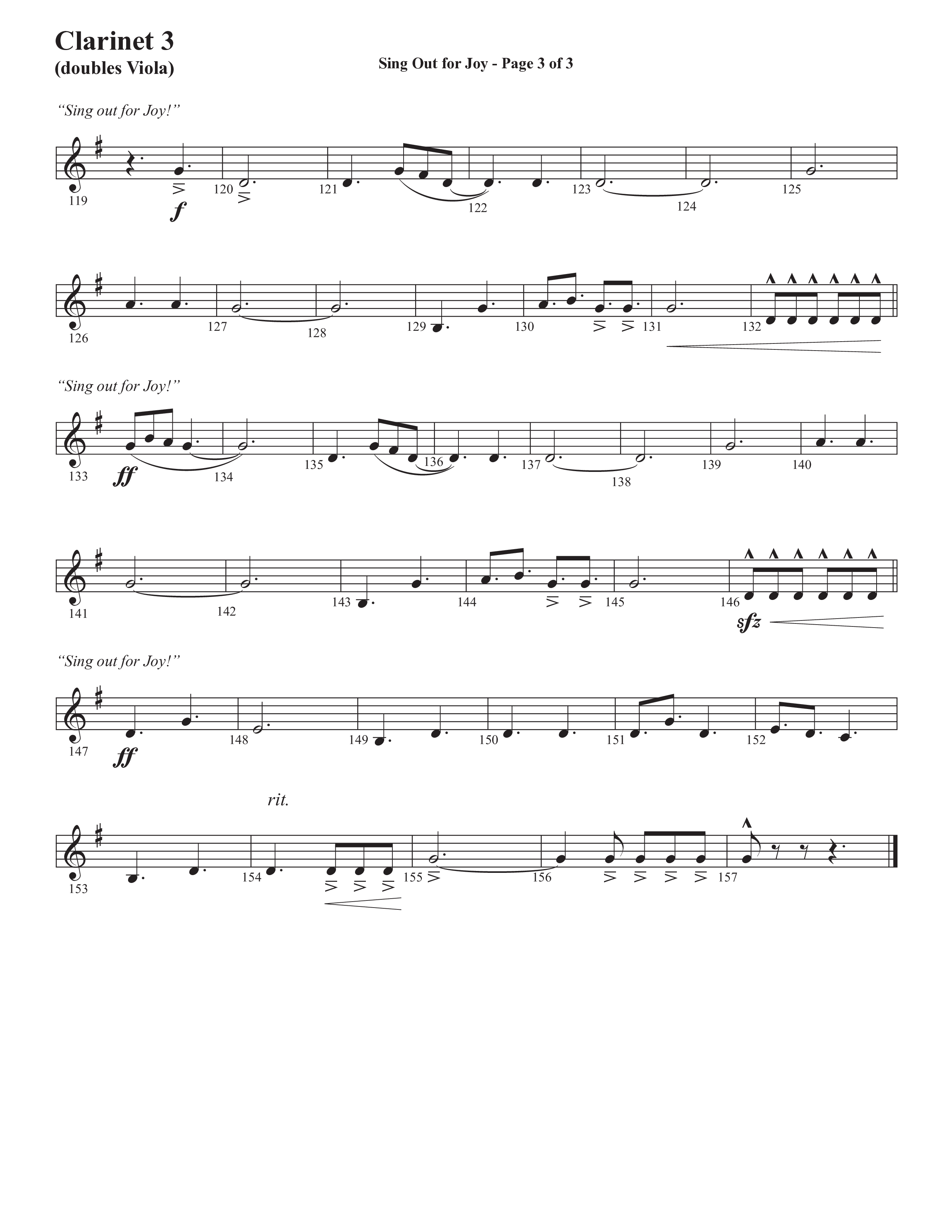 Sing Out For Joy (Choral Anthem SATB) Clarinet 3 (Semsen Music / Arr. John Bolin / Orch. Cliff Duren)