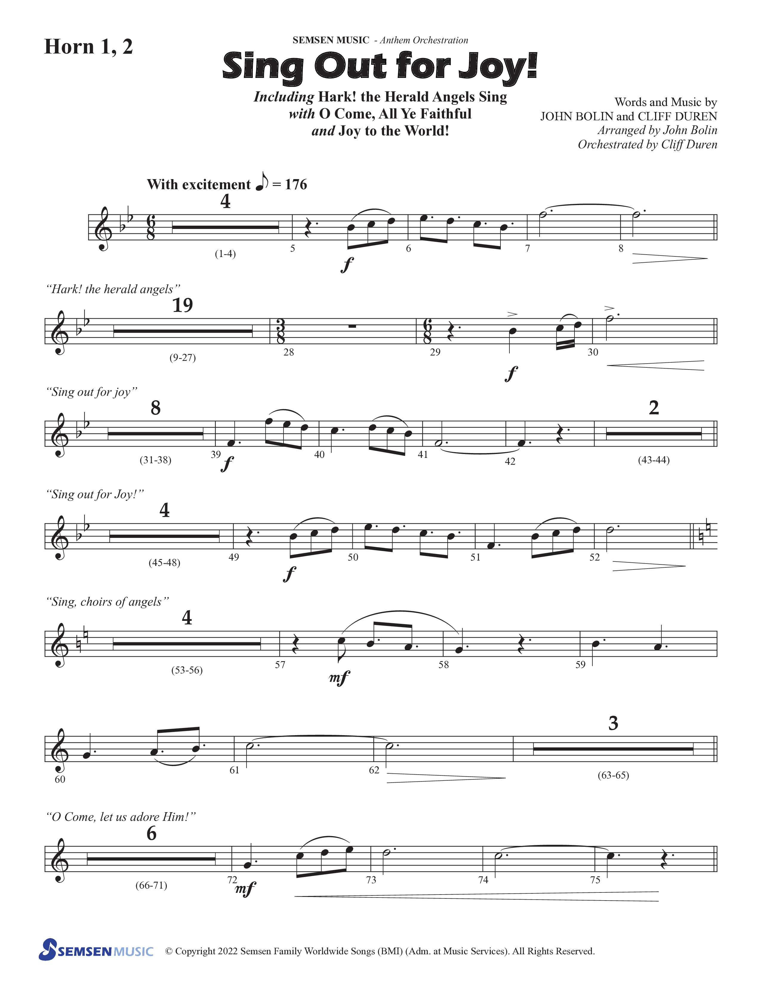 Sing Out For Joy (Choral Anthem SATB) French Horn 1/2 (Semsen Music / Arr. John Bolin / Orch. Cliff Duren)