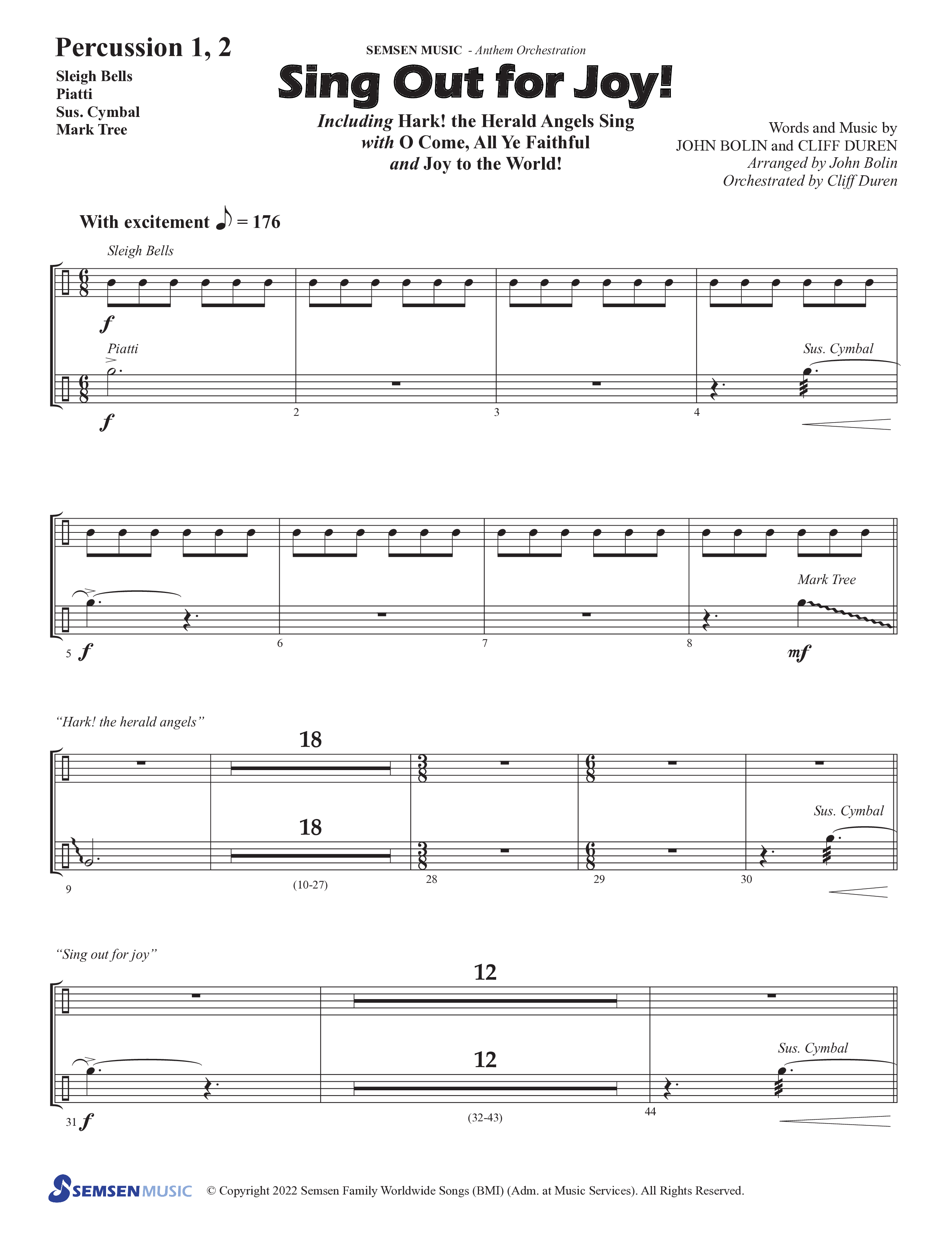 Sing Out For Joy (Choral Anthem SATB) Percussion 1/2 (Semsen Music / Arr. John Bolin / Orch. Cliff Duren)