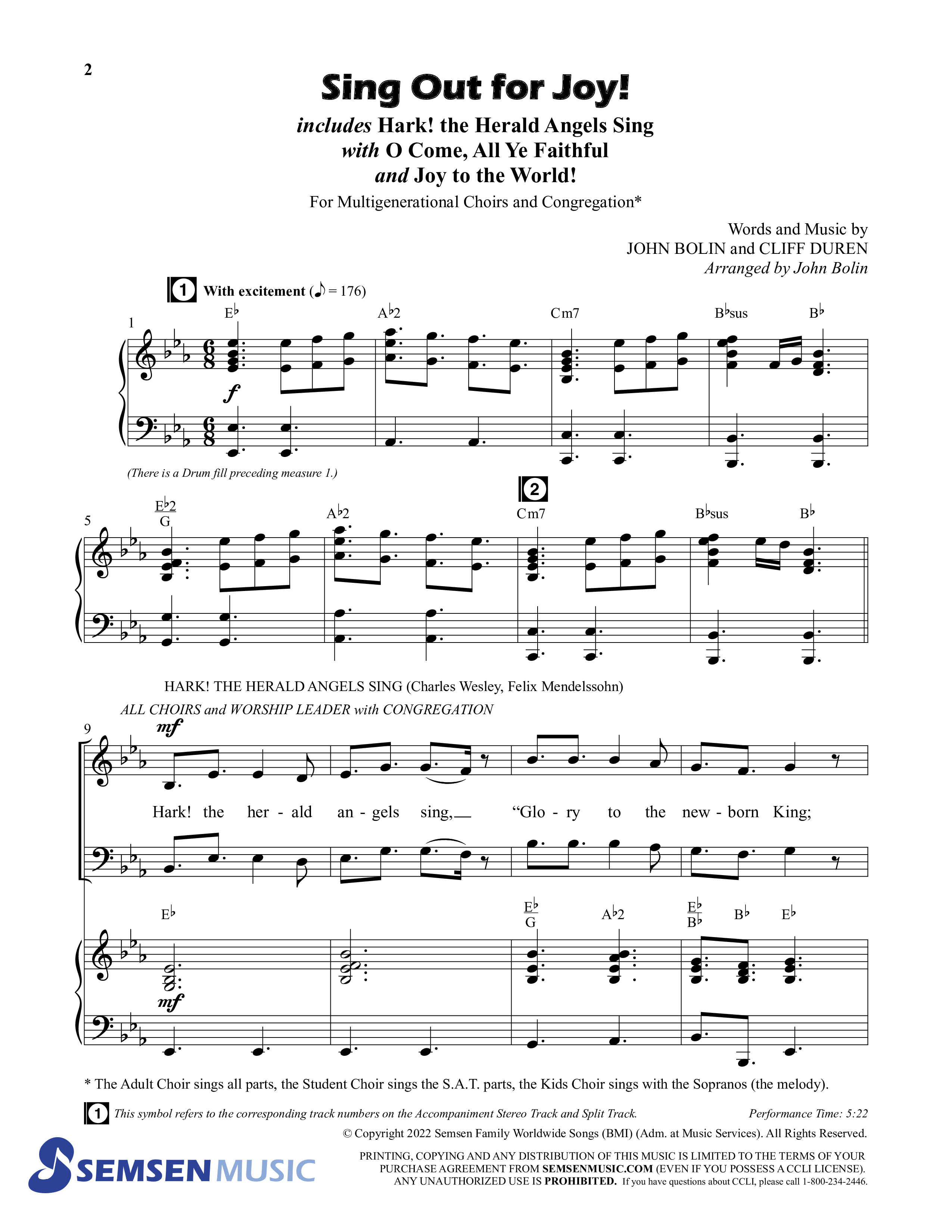Sing Out For Joy (Choral Anthem SATB) Anthem (SATB/Piano) (Semsen Music / Arr. John Bolin / Orch. Cliff Duren)