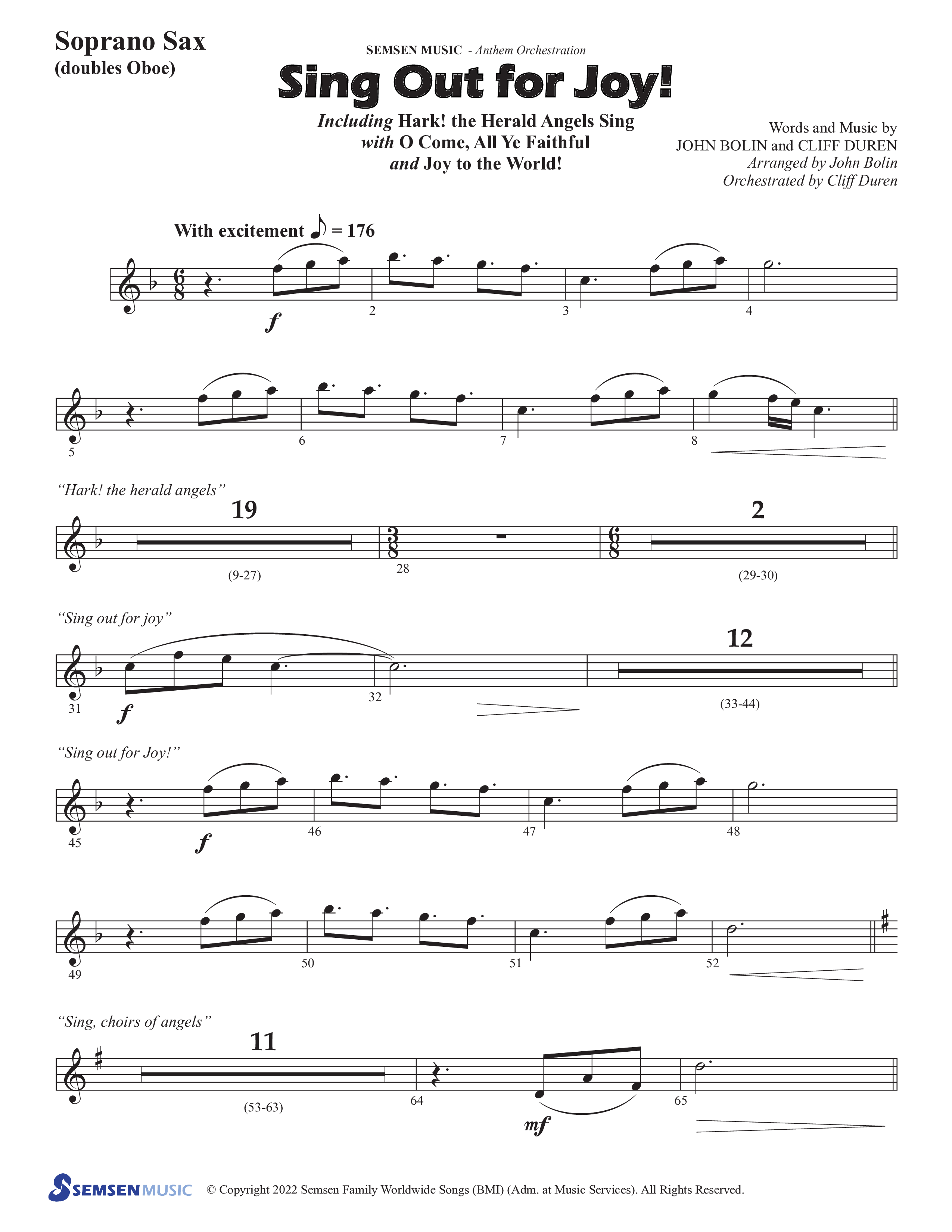 Sing Out For Joy (Choral Anthem SATB) Soprano Sax (Semsen Music / Arr. John Bolin / Orch. Cliff Duren)