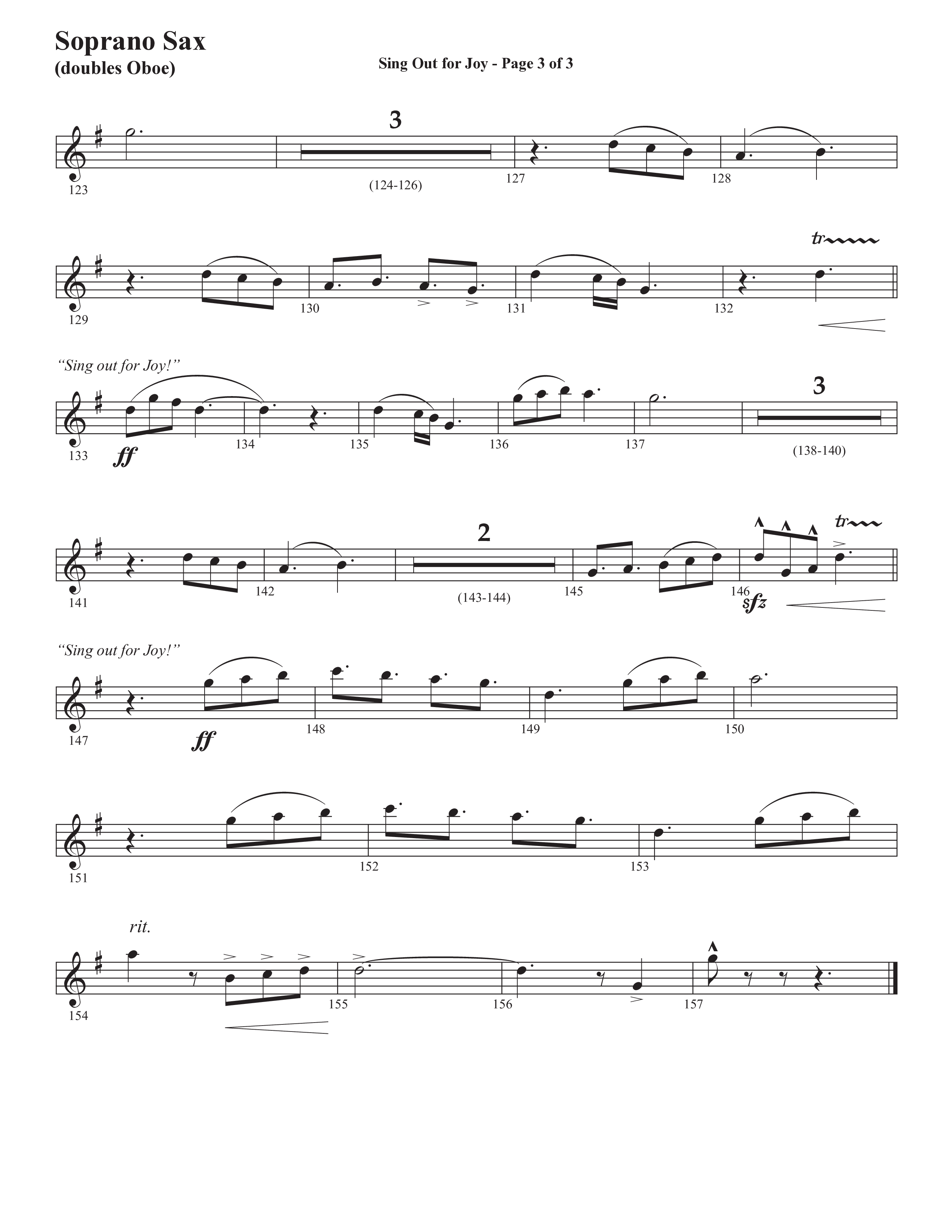 Sing Out For Joy (Choral Anthem SATB) Soprano Sax (Semsen Music / Arr. John Bolin / Orch. Cliff Duren)
