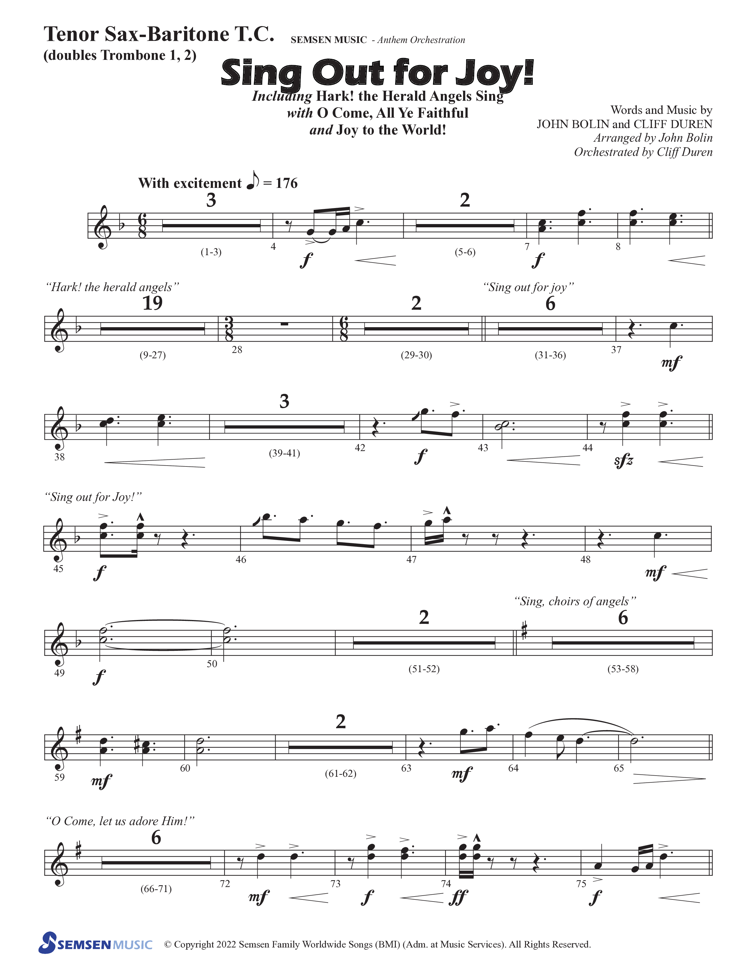 Sing Out For Joy (Choral Anthem SATB) Tenor Sax/Baritone T.C. (Semsen Music / Arr. John Bolin / Orch. Cliff Duren)