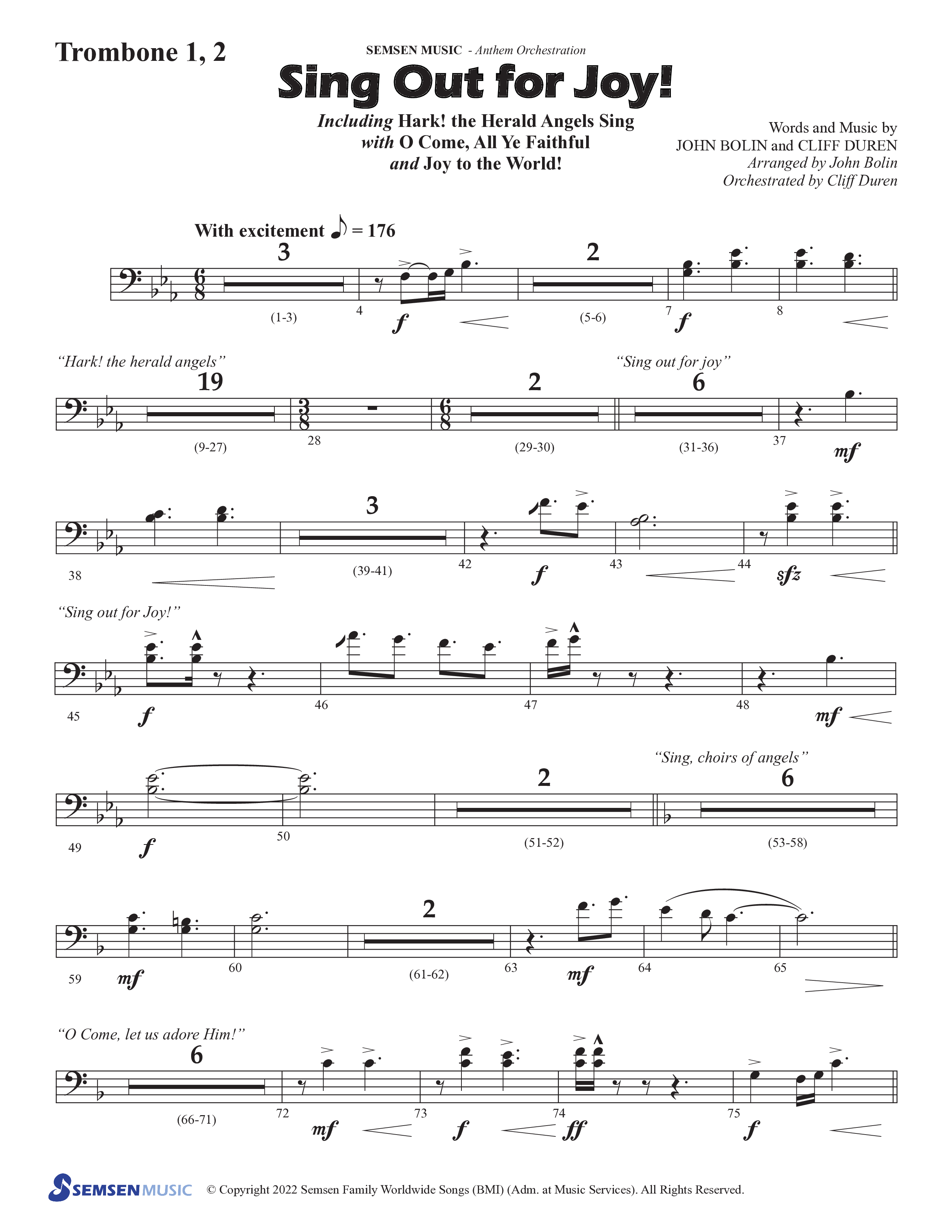 Sing Out For Joy (Choral Anthem SATB) Trombone 1/2 (Semsen Music / Arr. John Bolin / Orch. Cliff Duren)