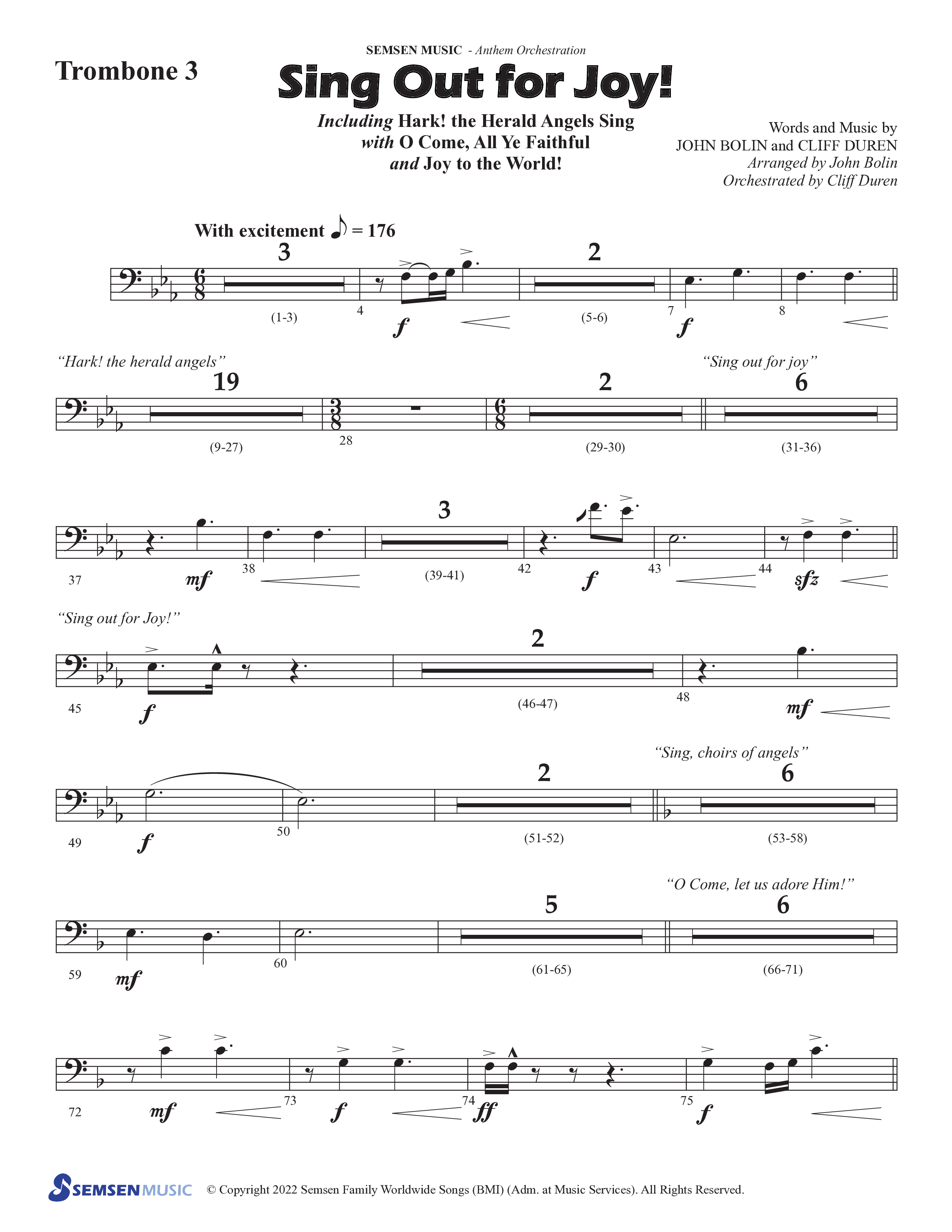 Sing Out For Joy (Choral Anthem SATB) Trombone 3 (Semsen Music / Arr. John Bolin / Orch. Cliff Duren)