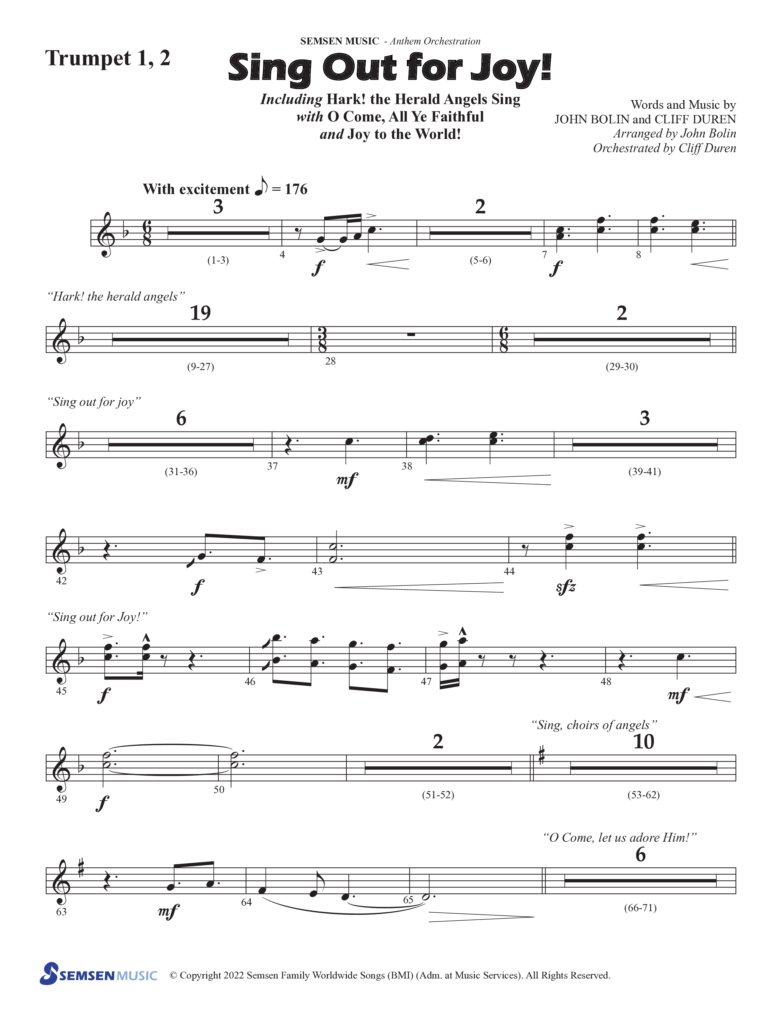 Sing Out For Joy (Choral Anthem SATB) Trumpet 1,2 (Semsen Music / Arr. John Bolin / Orch. Cliff Duren)