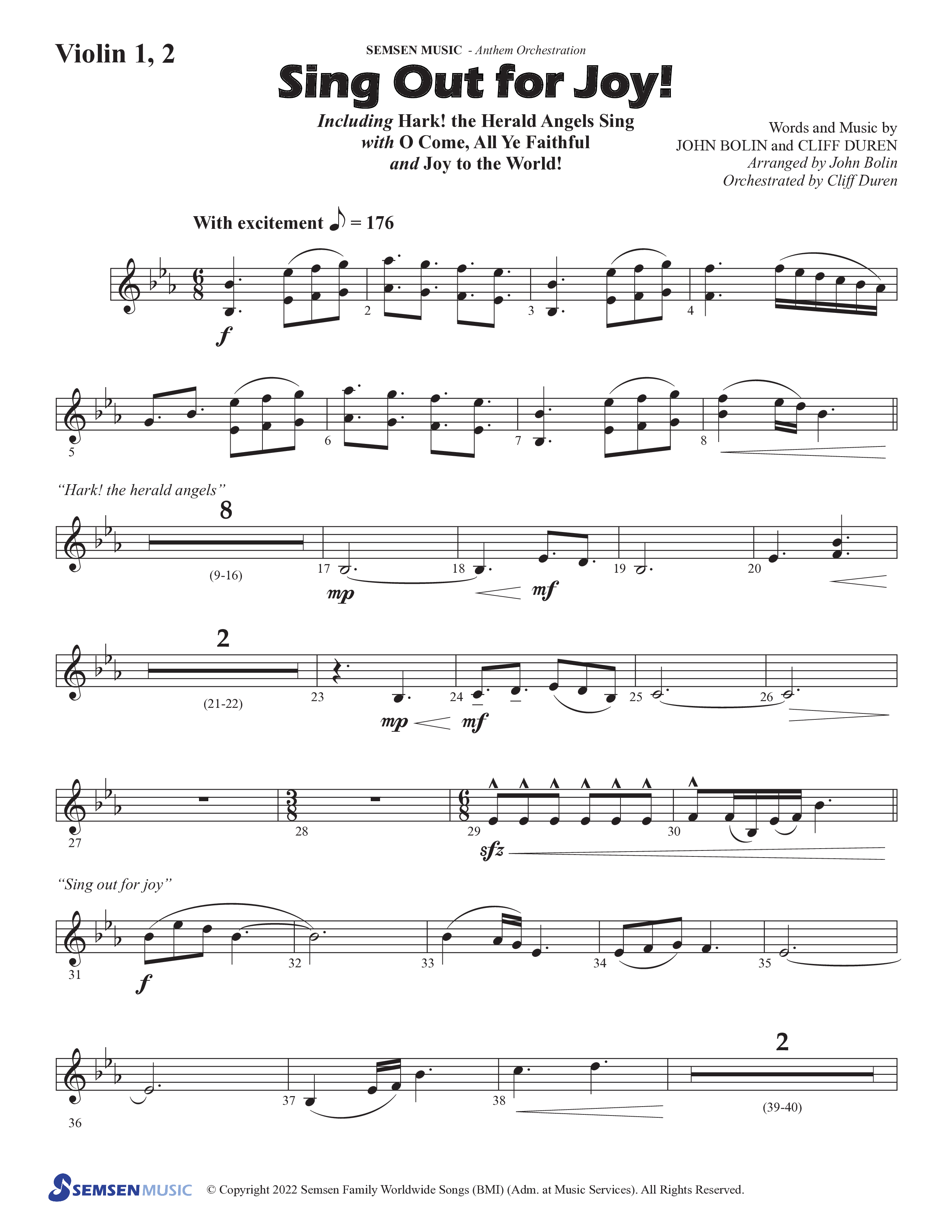 Sing Out For Joy (Choral Anthem SATB) Violin 1/2 (Semsen Music / Arr. John Bolin / Orch. Cliff Duren)