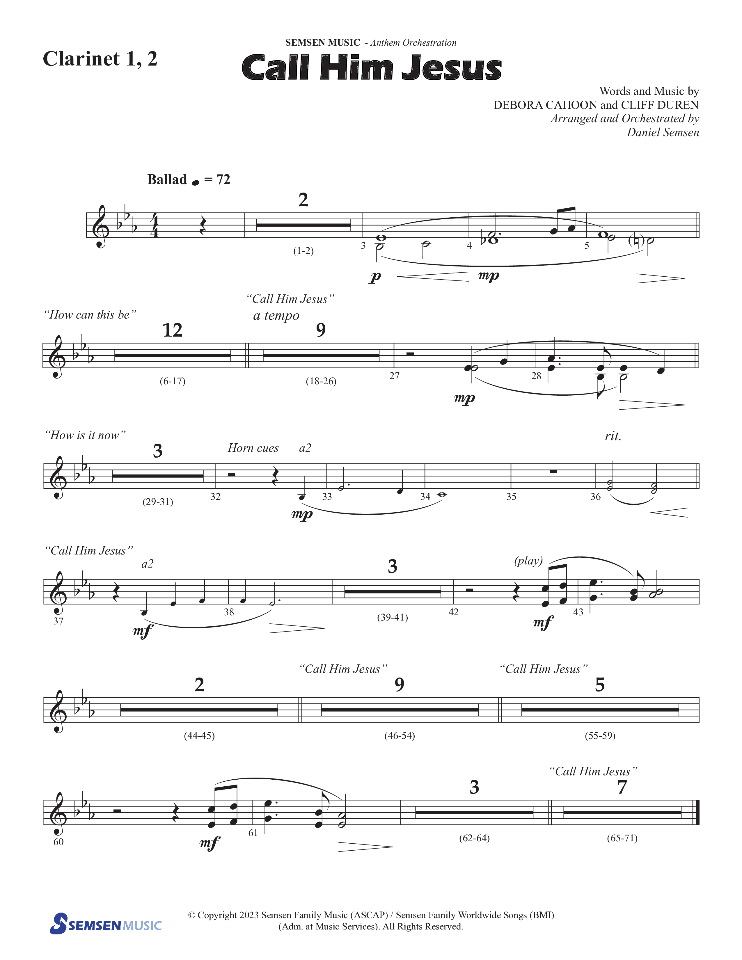 Call Him Jesus (Choral Anthem SATB) Clarinet 1/2 (Semsen Music / Arr. Daniel Semsen)