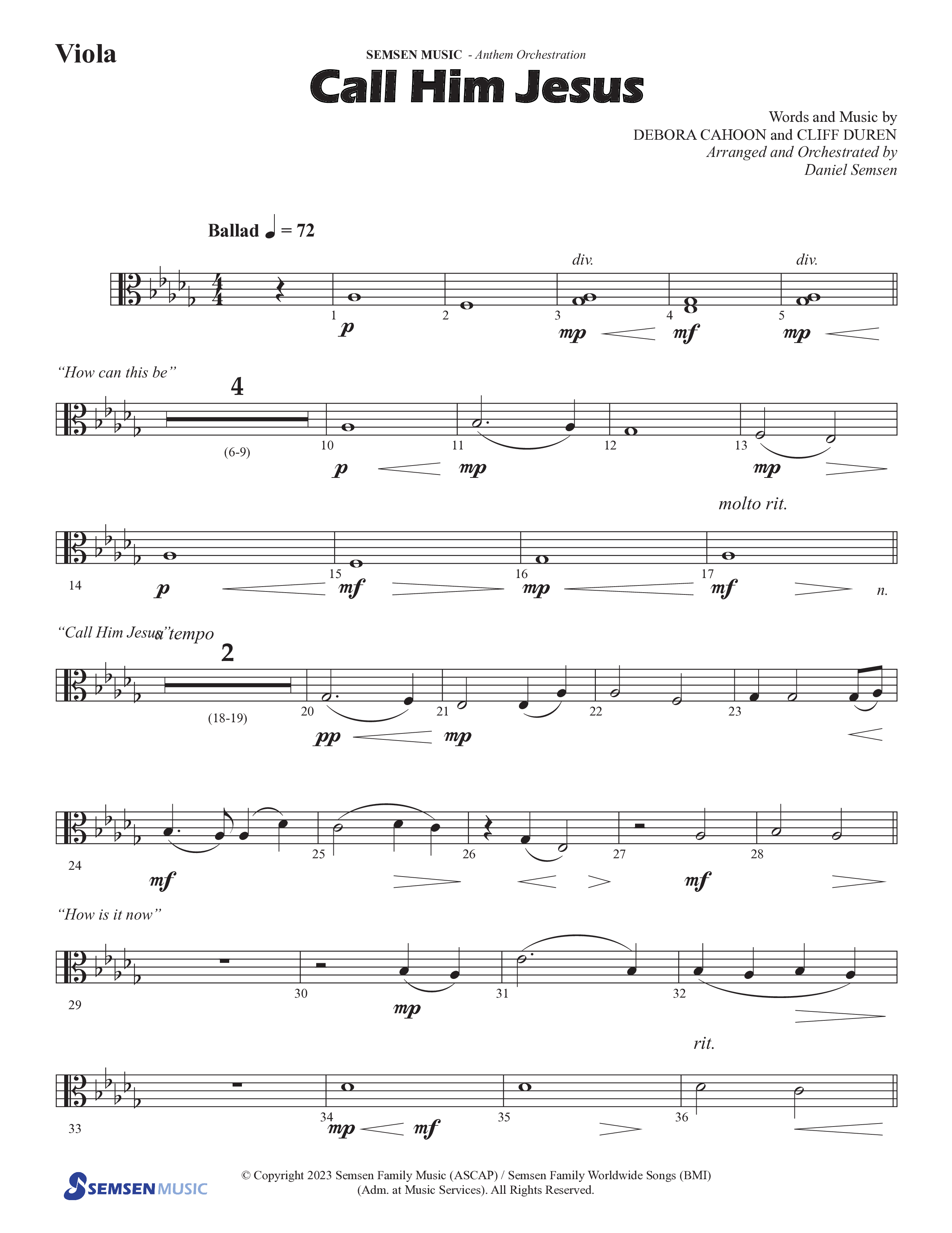 Call Him Jesus (Choral Anthem SATB) Viola (Semsen Music / Arr. Daniel Semsen)