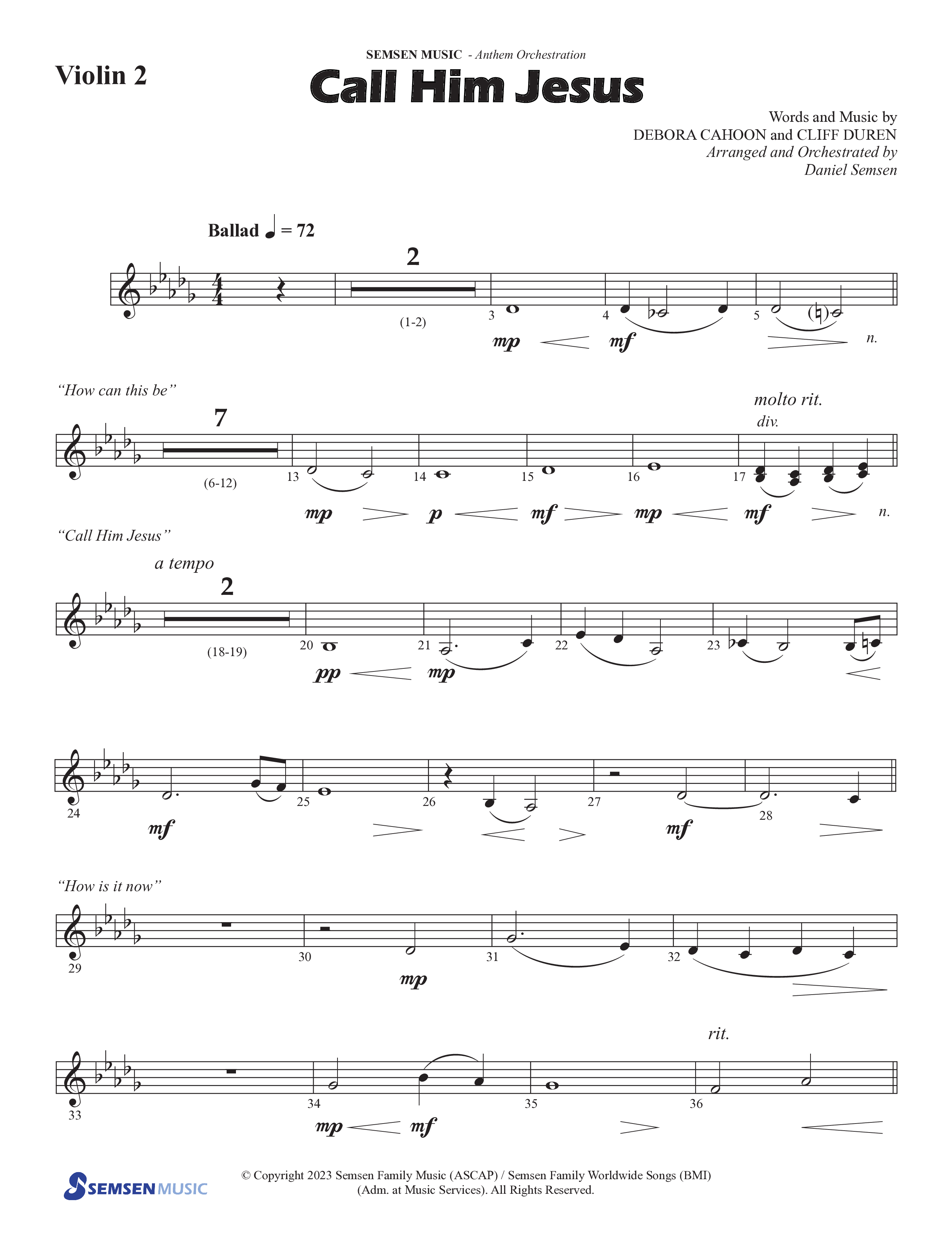Call Him Jesus (Choral Anthem SATB) Violin 2 (Semsen Music / Arr. Daniel Semsen)