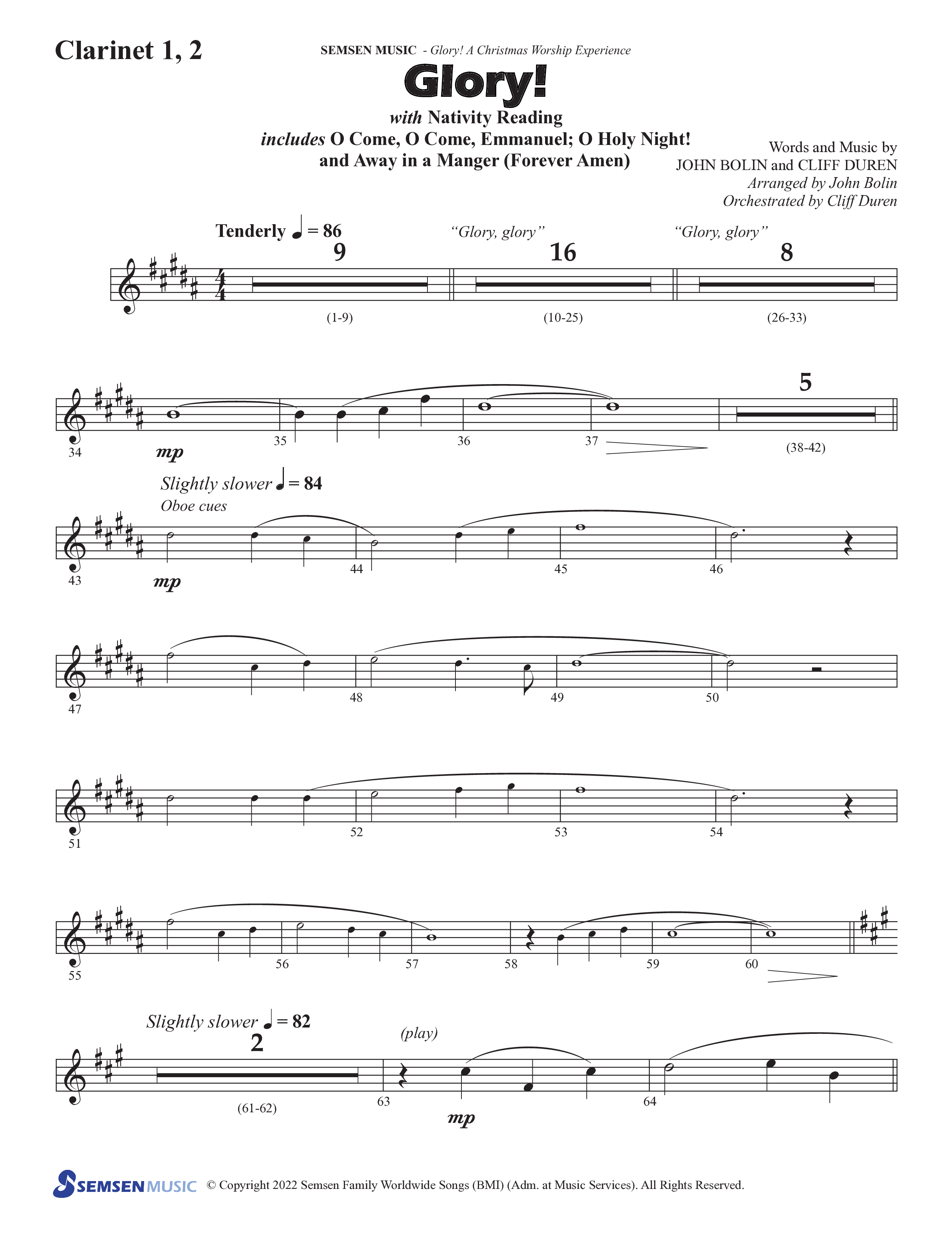 Glory: A Christmas Worship Experience (Choral Anthem SATB) Clarinet 1/2 (Semsen Music / Arr. John Bolin / Orch. Cliff Duren)