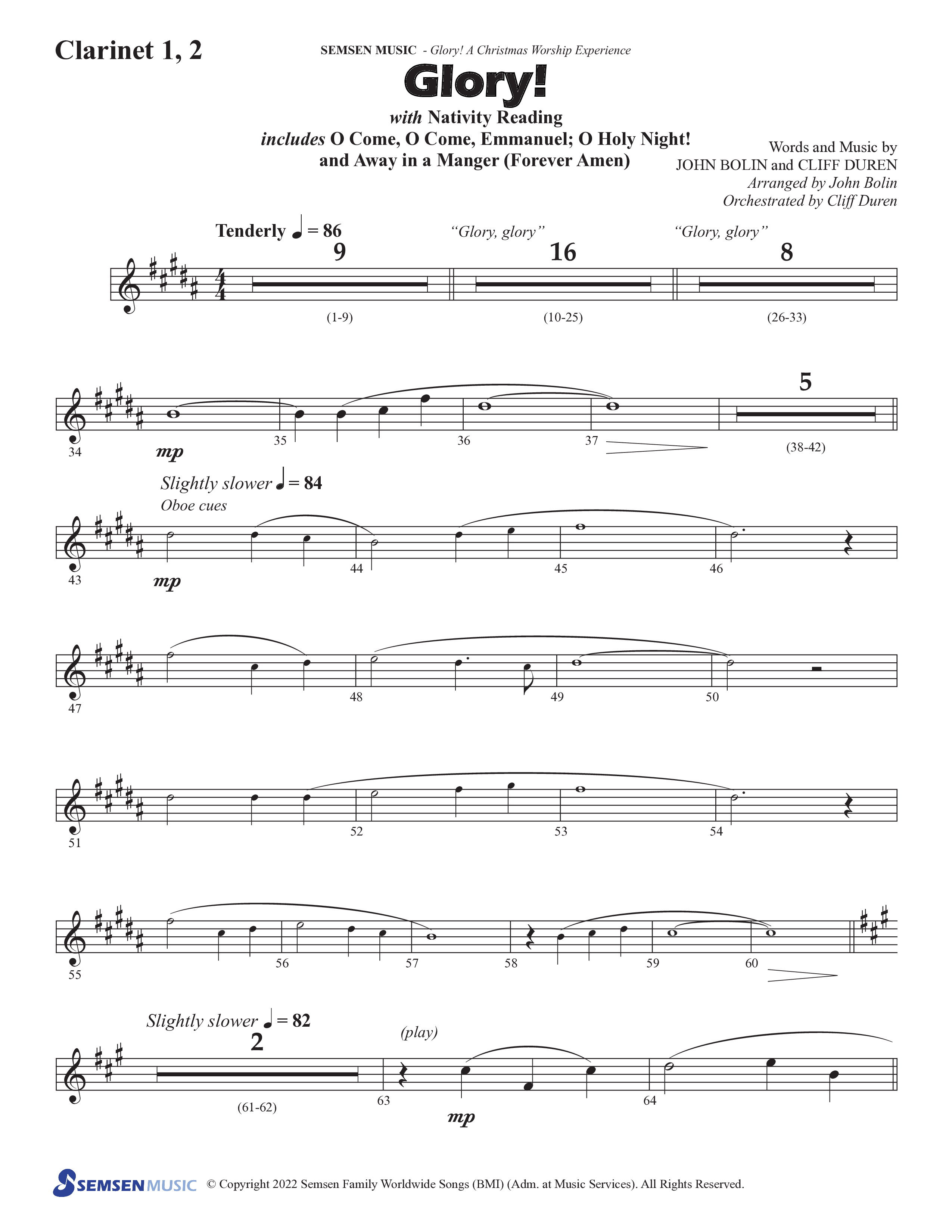 Glory: A Christmas Worship Experience (Choral Anthem SATB) Clarinet 1/2 (Semsen Music / Arr. John Bolin / Orch. Cliff Duren)