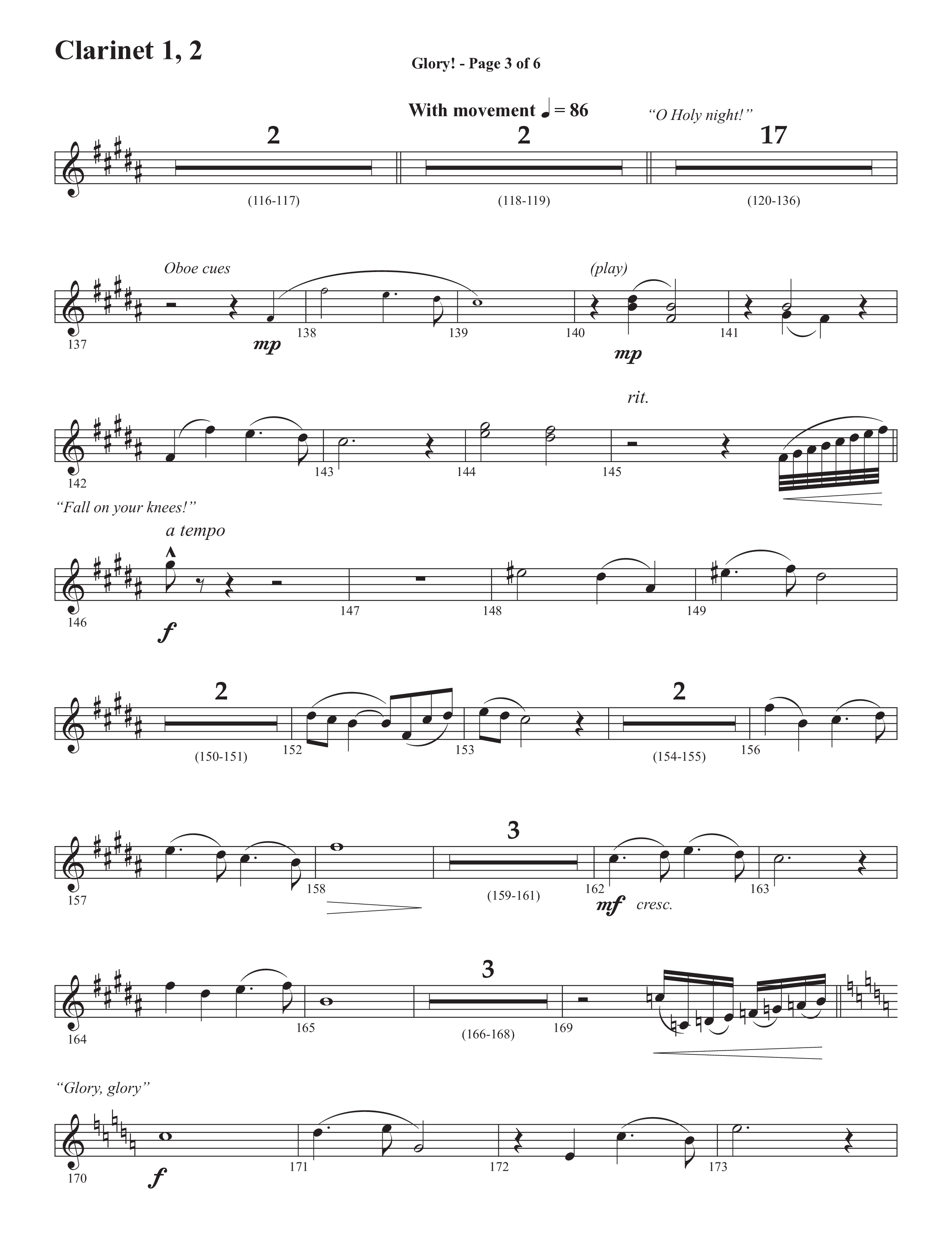 Glory: A Christmas Worship Experience (Choral Anthem SATB) Clarinet 1/2 (Semsen Music / Arr. John Bolin / Orch. Cliff Duren)