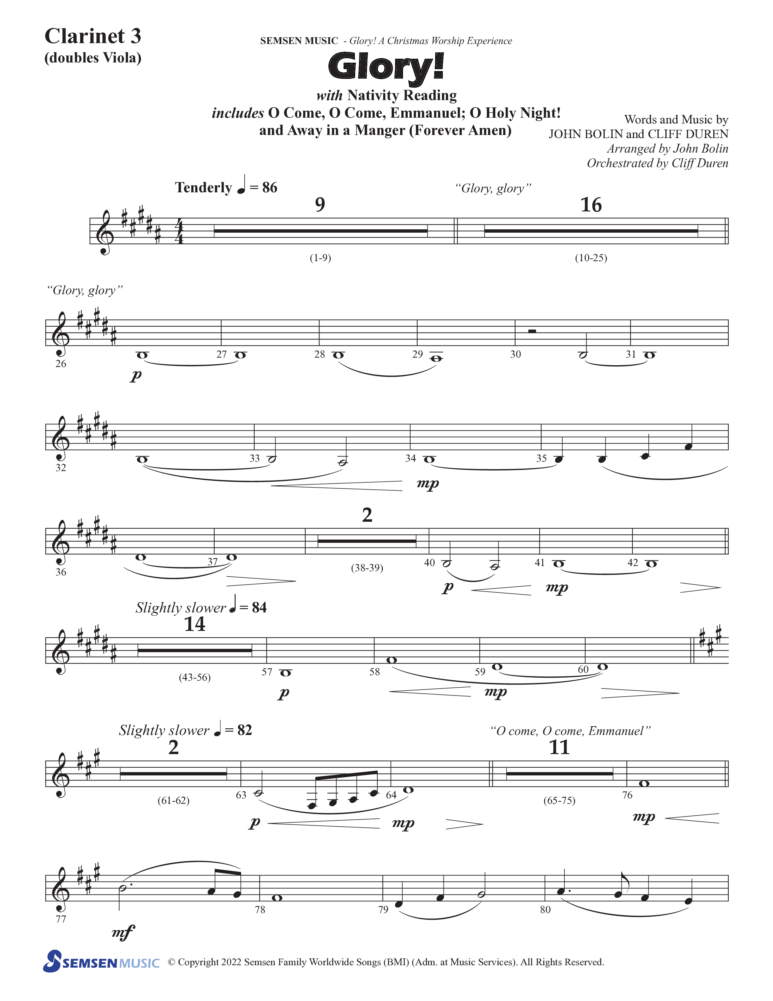 Glory: A Christmas Worship Experience (Choral Anthem SATB) Clarinet 3 (Semsen Music / Arr. John Bolin / Orch. Cliff Duren)