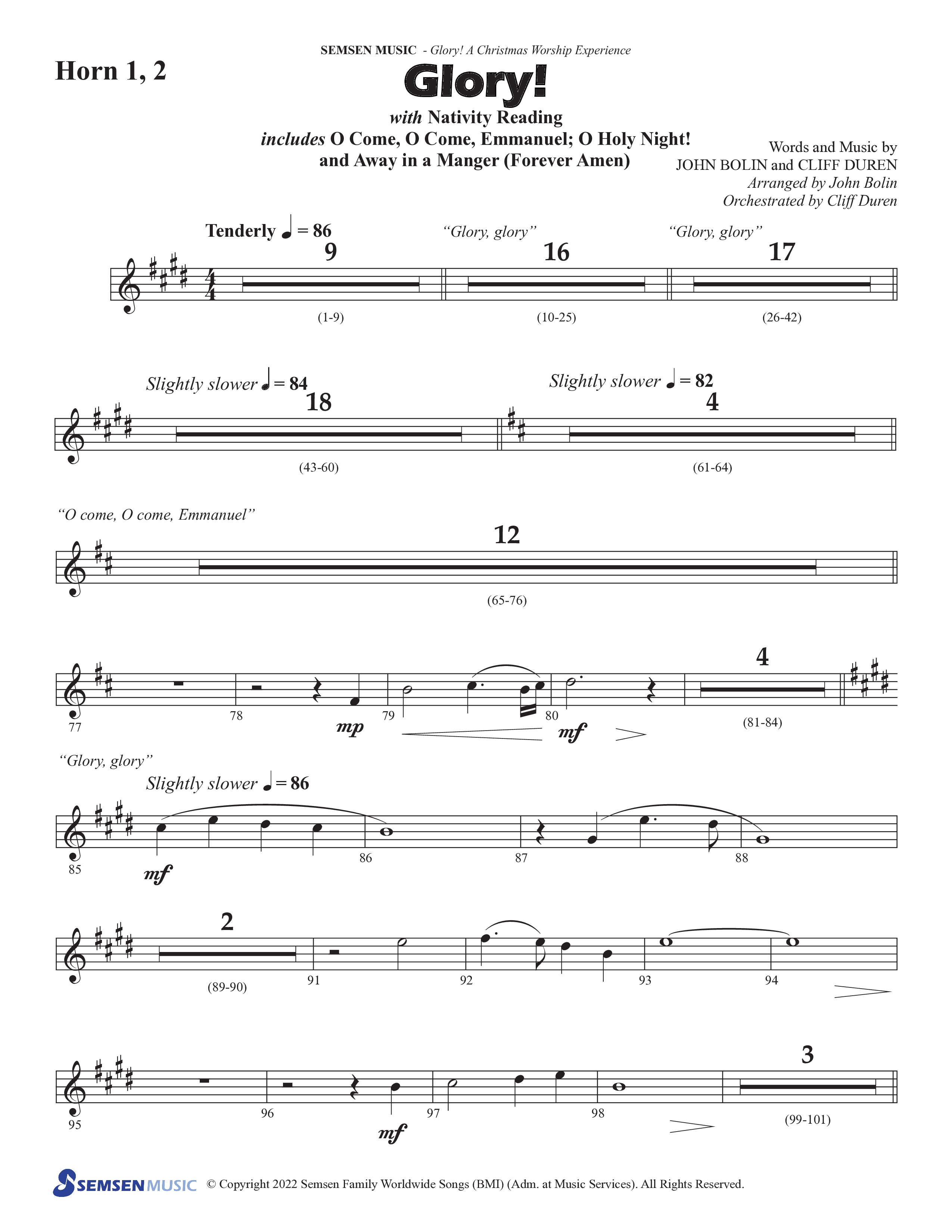 Glory: A Christmas Worship Experience (Choral Anthem SATB) French Horn 1/2 (Semsen Music / Arr. John Bolin / Orch. Cliff Duren)
