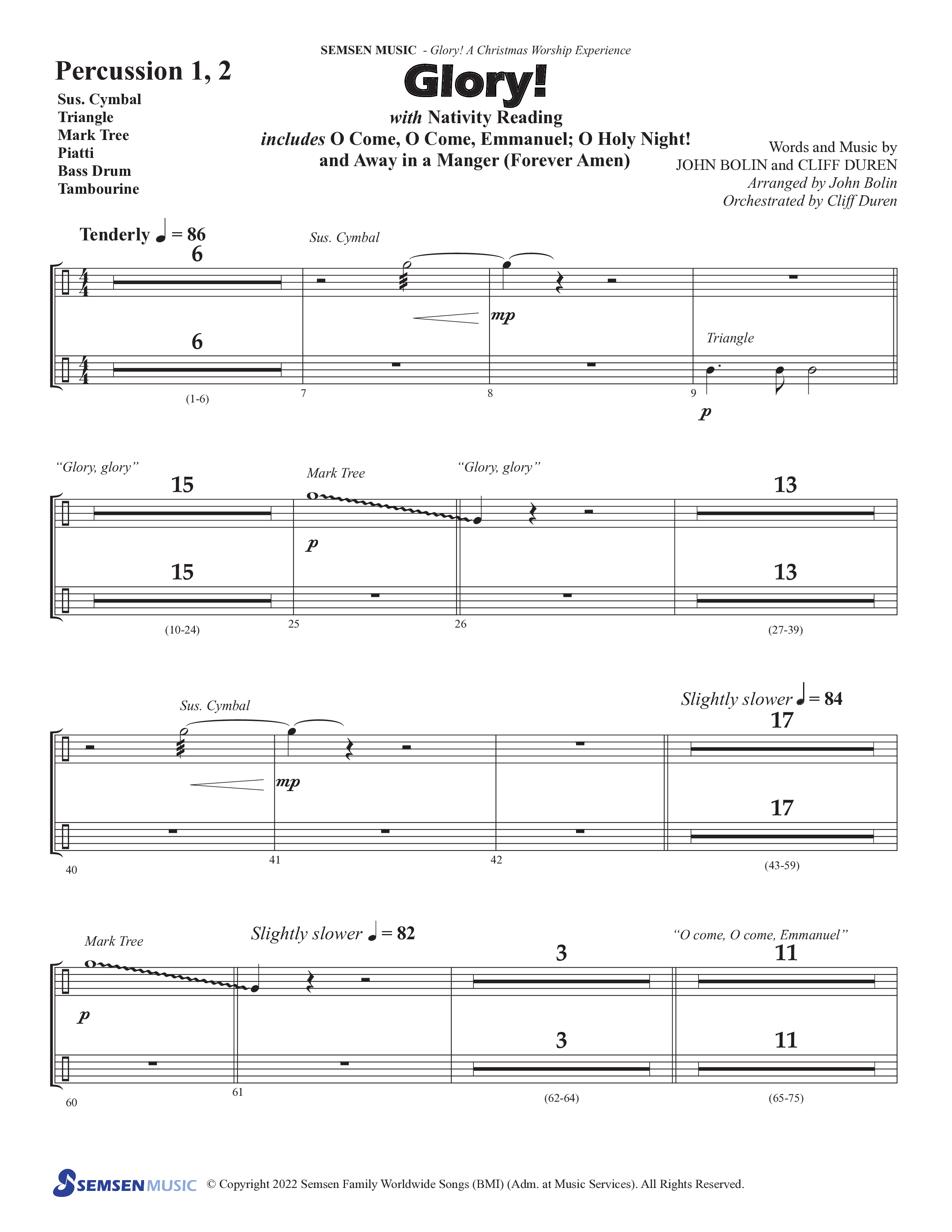 Glory: A Christmas Worship Experience (Choral Anthem SATB) Percussion (Semsen Music / Arr. John Bolin / Orch. Cliff Duren)