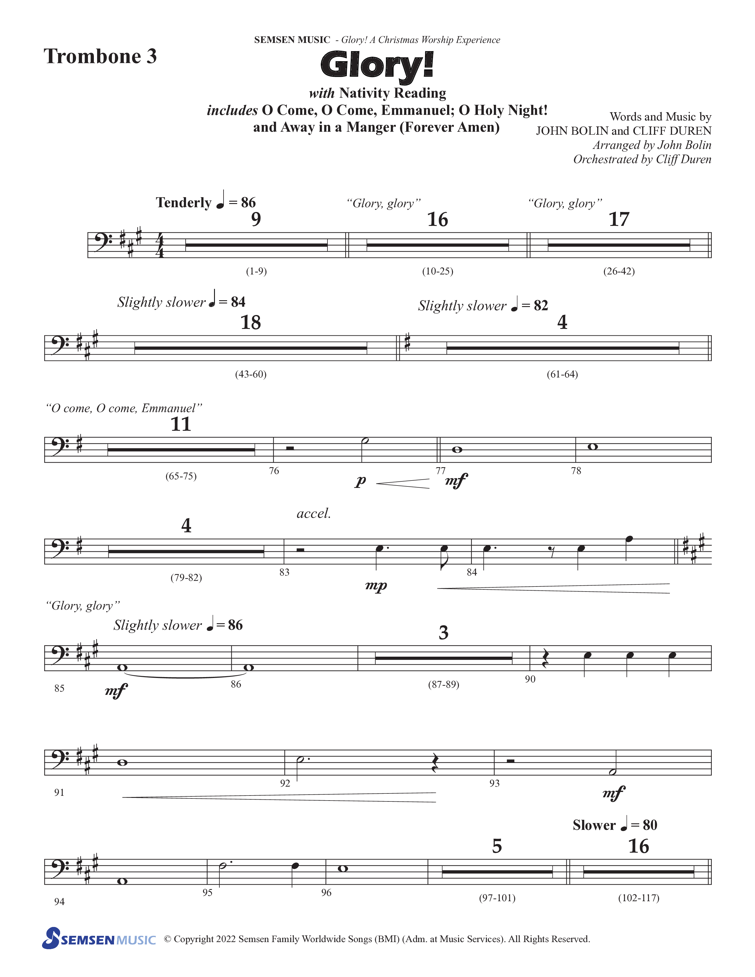 Glory: A Christmas Worship Experience (Choral Anthem SATB) Trombone 3 (Semsen Music / Arr. John Bolin / Orch. Cliff Duren)