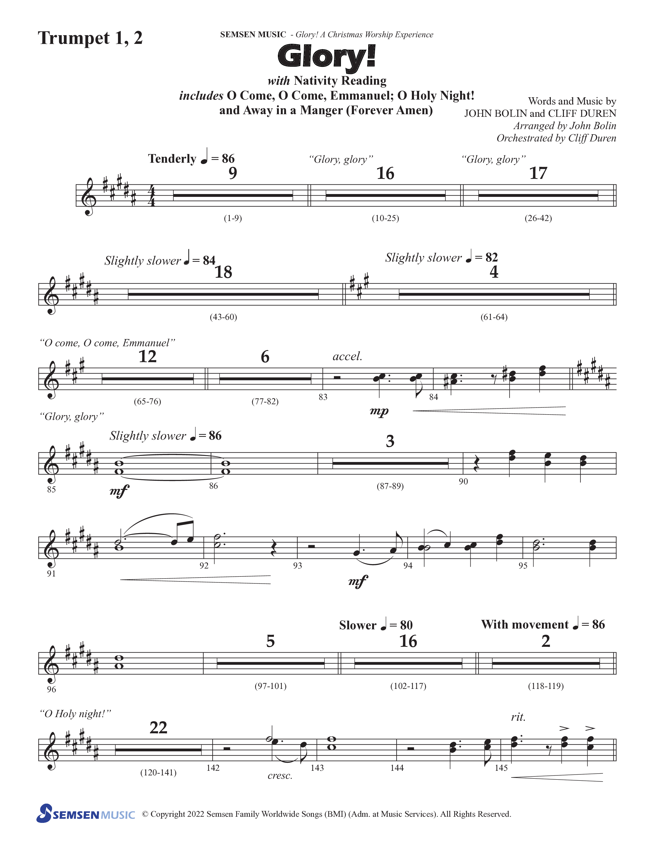 Glory: A Christmas Worship Experience (Choral Anthem SATB) Trumpet 1,2 (Semsen Music / Arr. John Bolin / Orch. Cliff Duren)