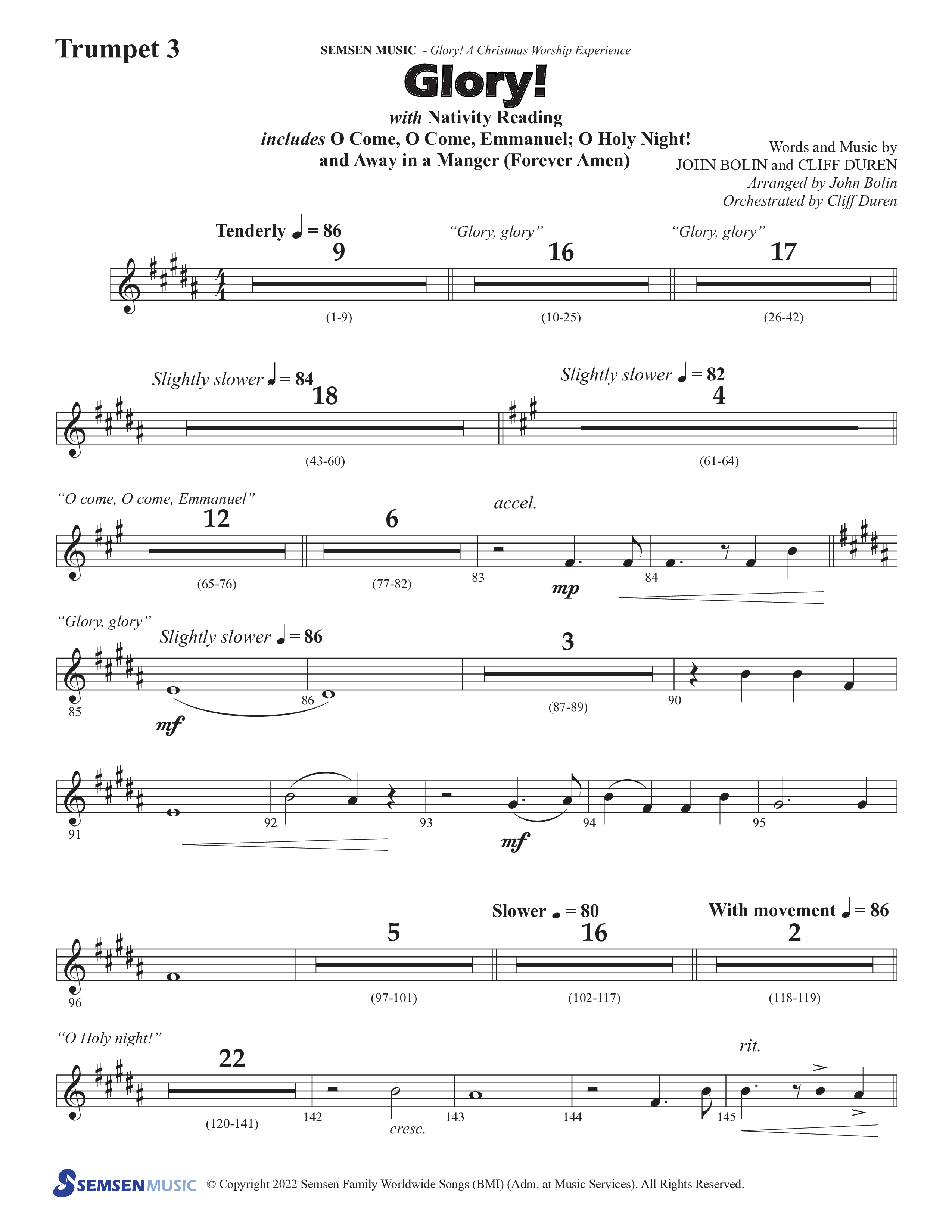 Glory: A Christmas Worship Experience (Choral Anthem SATB) Trumpet 3 (Semsen Music / Arr. John Bolin / Orch. Cliff Duren)