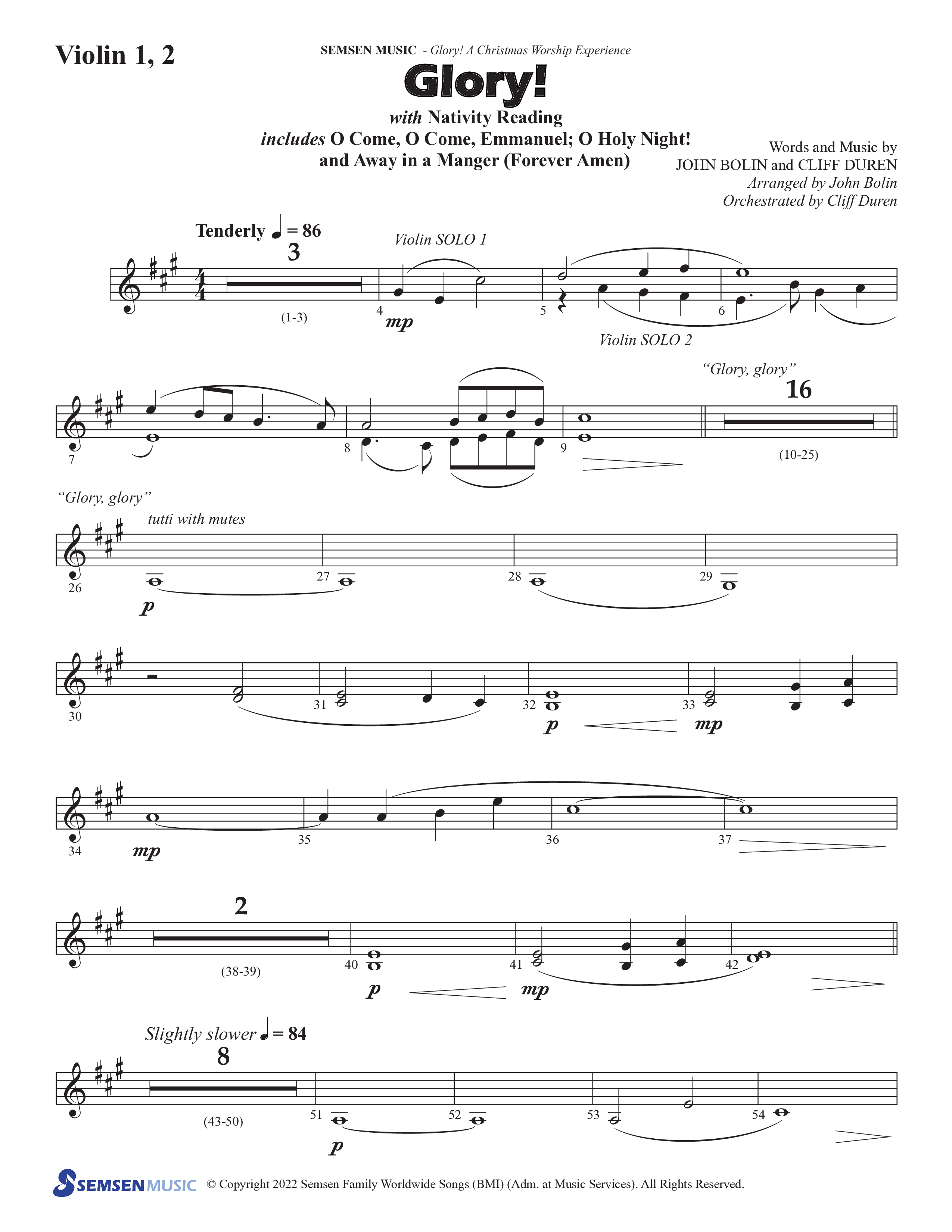 Glory: A Christmas Worship Experience (Choral Anthem SATB) Violin 1/2 (Semsen Music / Arr. John Bolin / Orch. Cliff Duren)